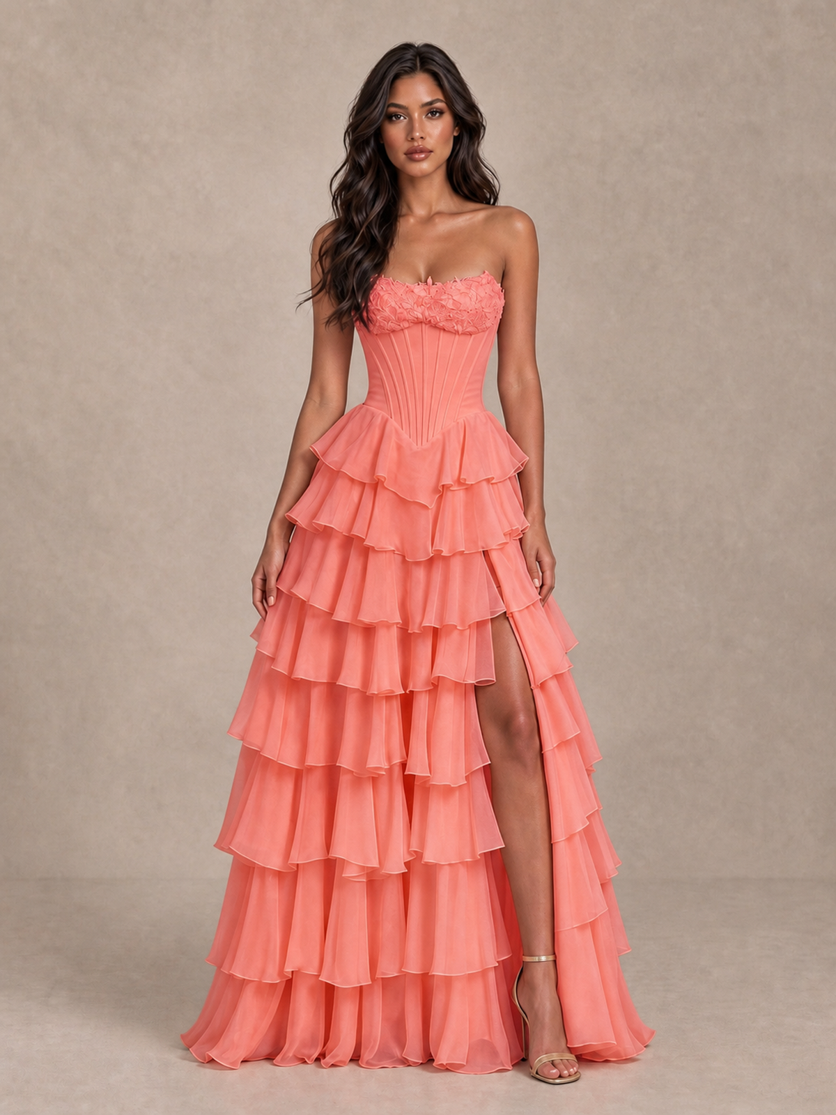 BOLODOO Coral Strapless Corset Tiered Ruffle Prom Dress with High Slit - Coral - Coral_4
