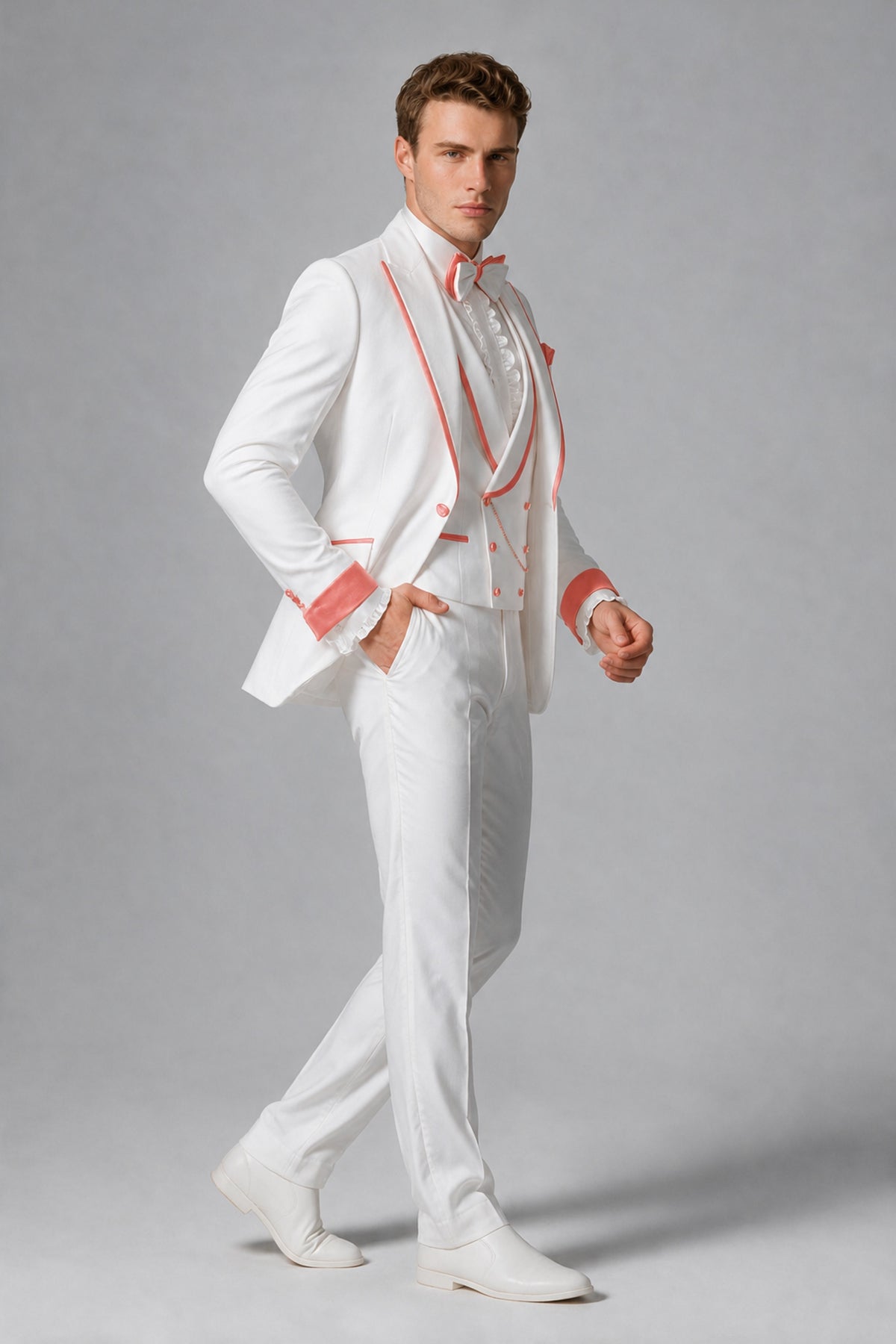 Bolodoo Men's White and Coral Three-Piece Wedding Tuxedo Suit - Coral - Coral_4