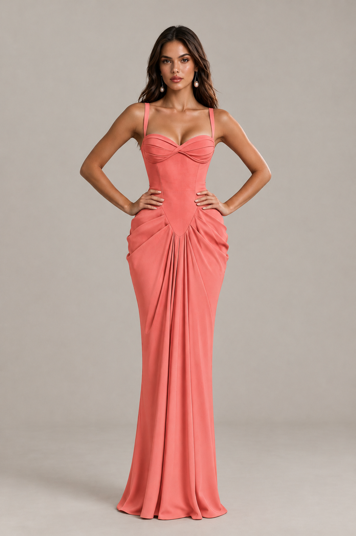 BOLODOO Coral Sweetheart Ruched Lace-Up Back Evening Gown - Coral - Coral_4
