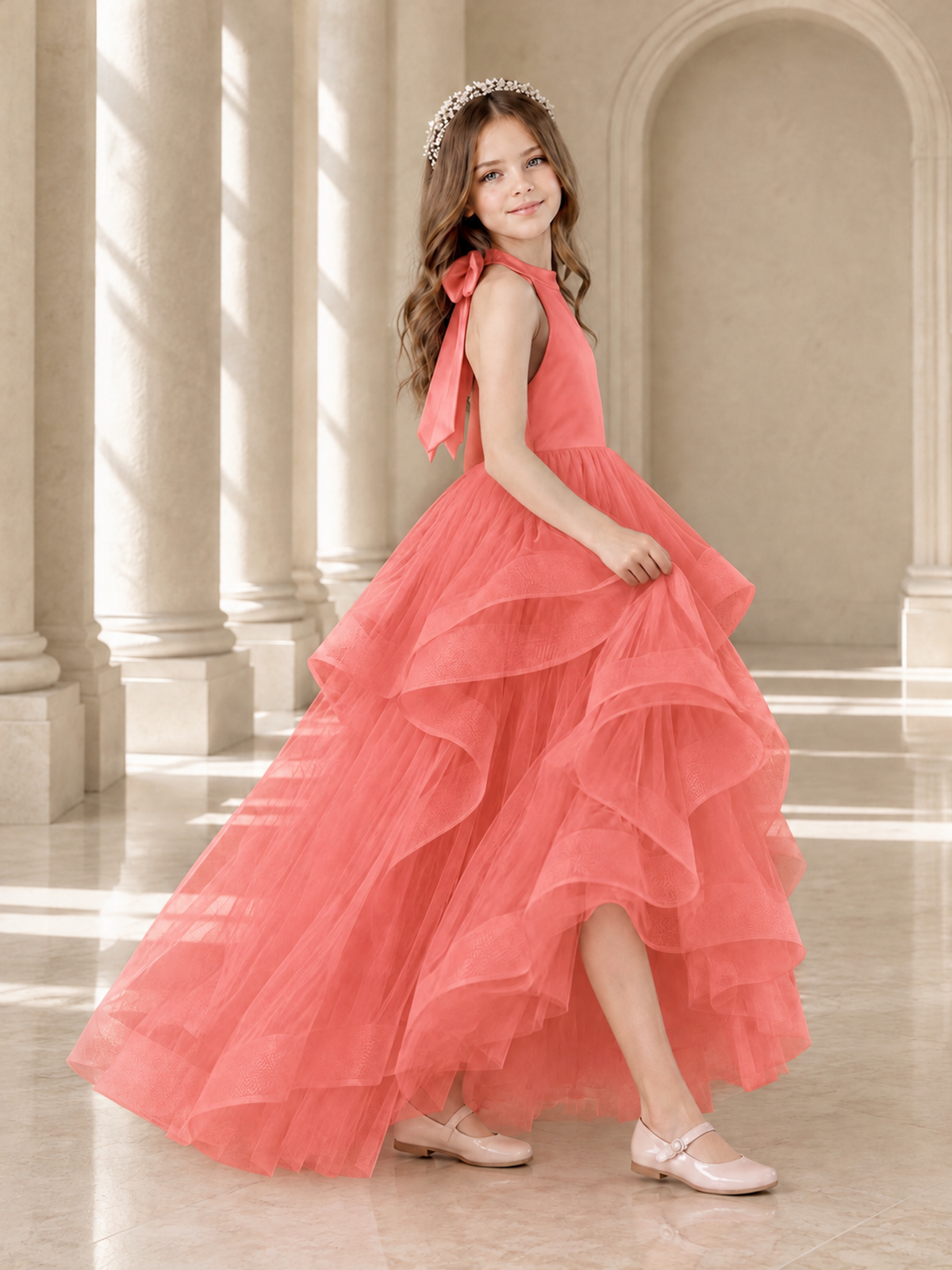 BOLODOO Coral Halter Tiered Tulle Flower Girl Dress with Bow Back - Coral - Coral_4