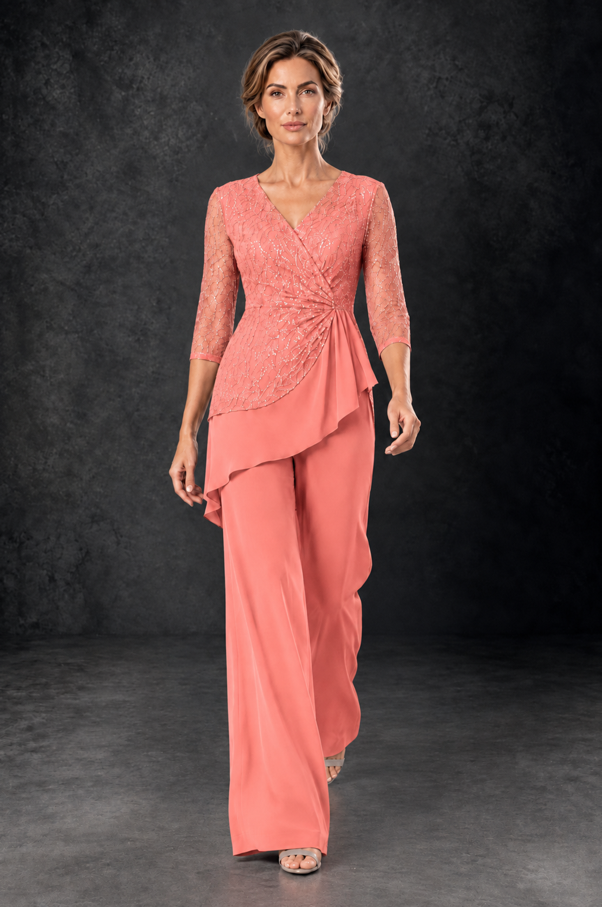 BOLODOO Coral Sequin Lace 3/4 Sleeve Chiffon Mother of the Bride Pant Suit - Coral - Coral_4
