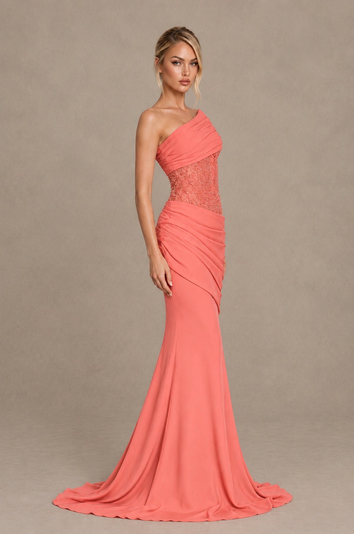 BOLODOO Coral One-Shoulder Sequin Embroidered Ruched Mermaid Gown with Train - Coral - Coral_4
