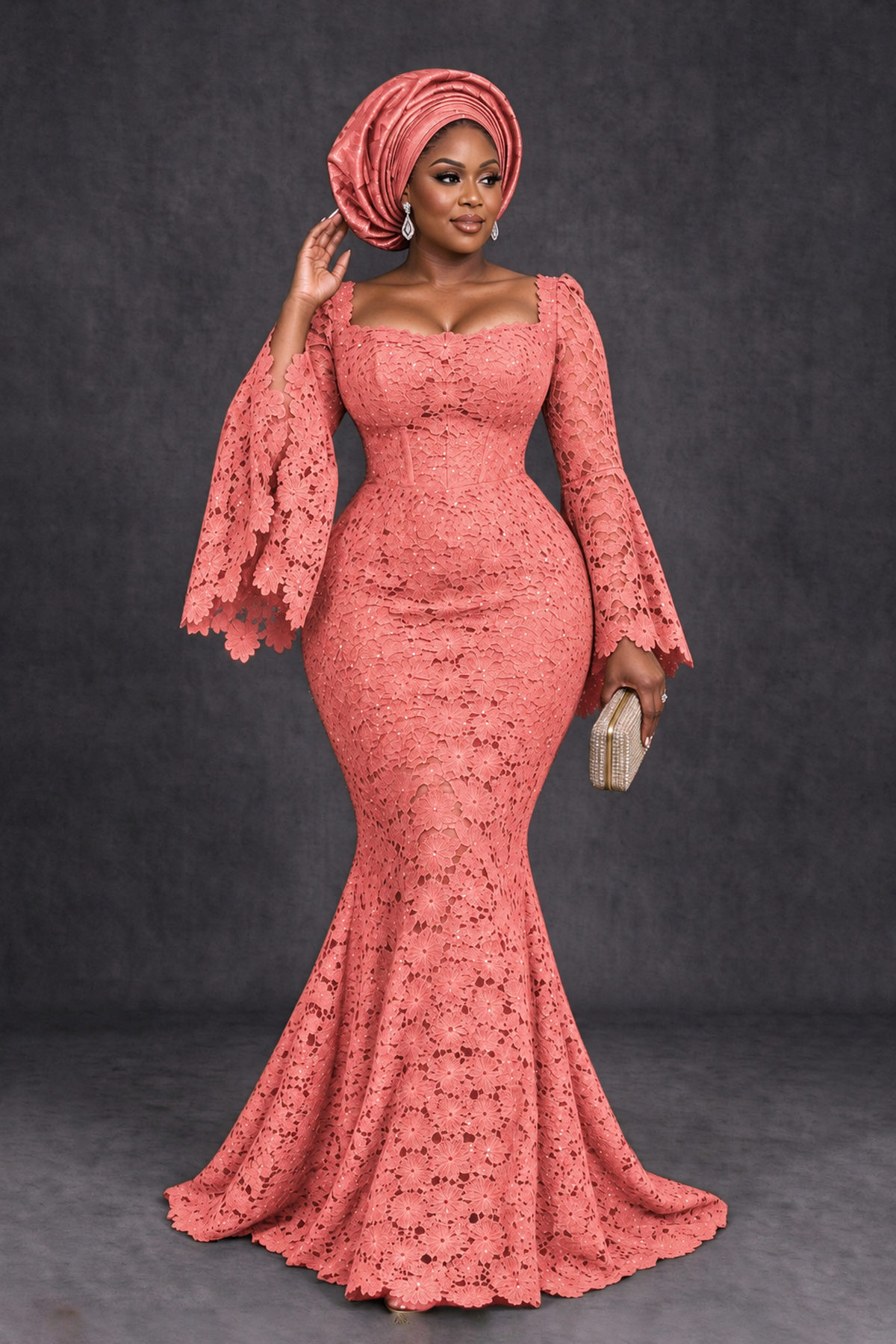 BOLODOO Coral African Lace Mermaid Dress, Plus Size Nigerian Wedding Guest Gown with Bell Sleeves - Coral - Coral_4