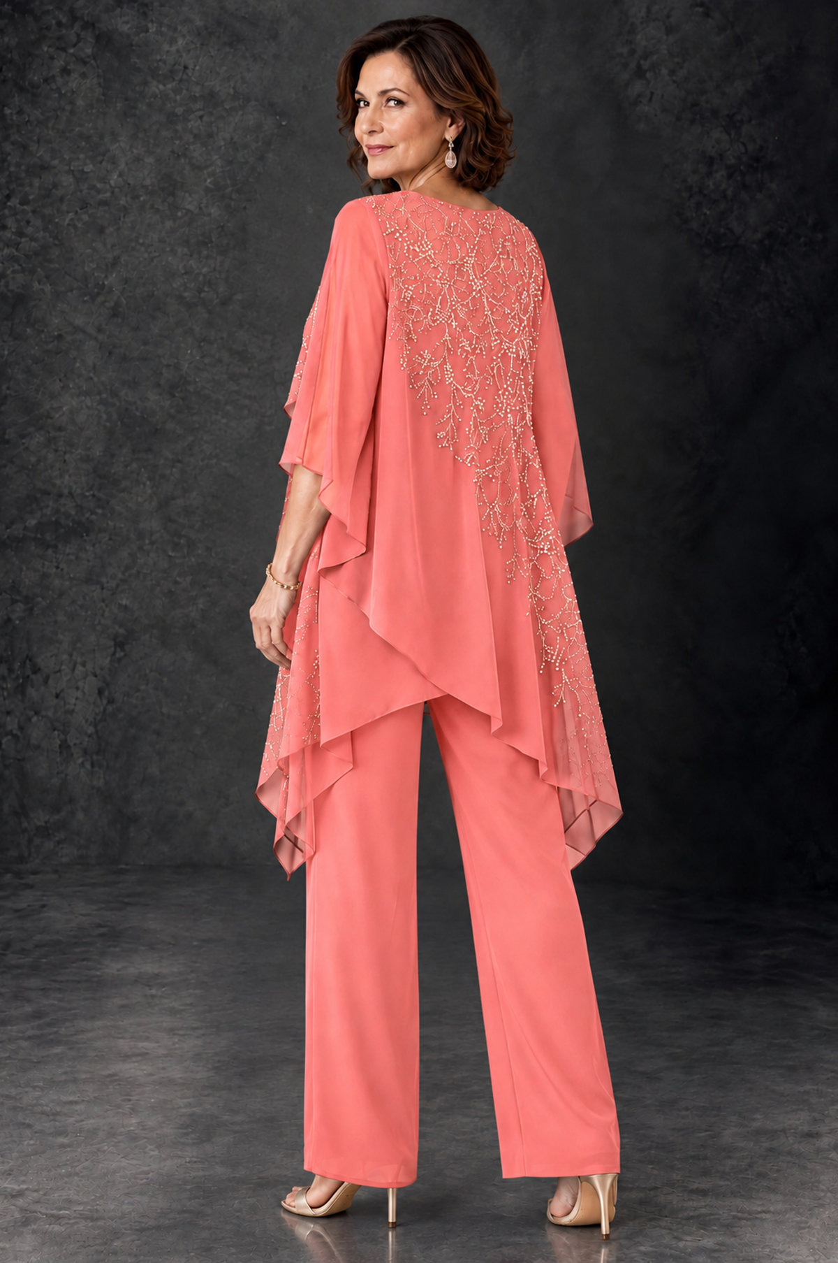 BOLODOO Coral Embellished Cape Pant Suit for Mother of the Bride - Coral - Coral_4