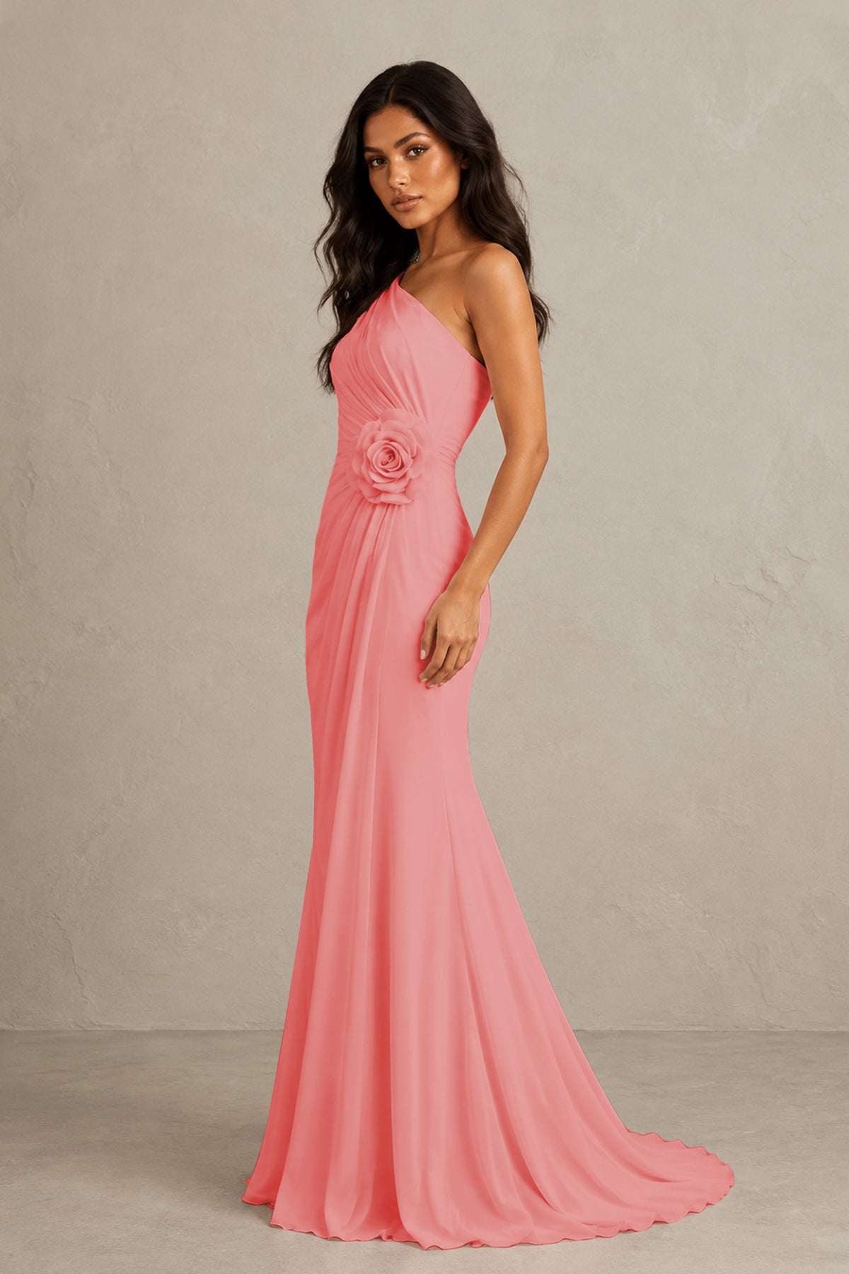 BOLODOO Coral One-Shoulder Floral Ruched Maxi Dress - Coral