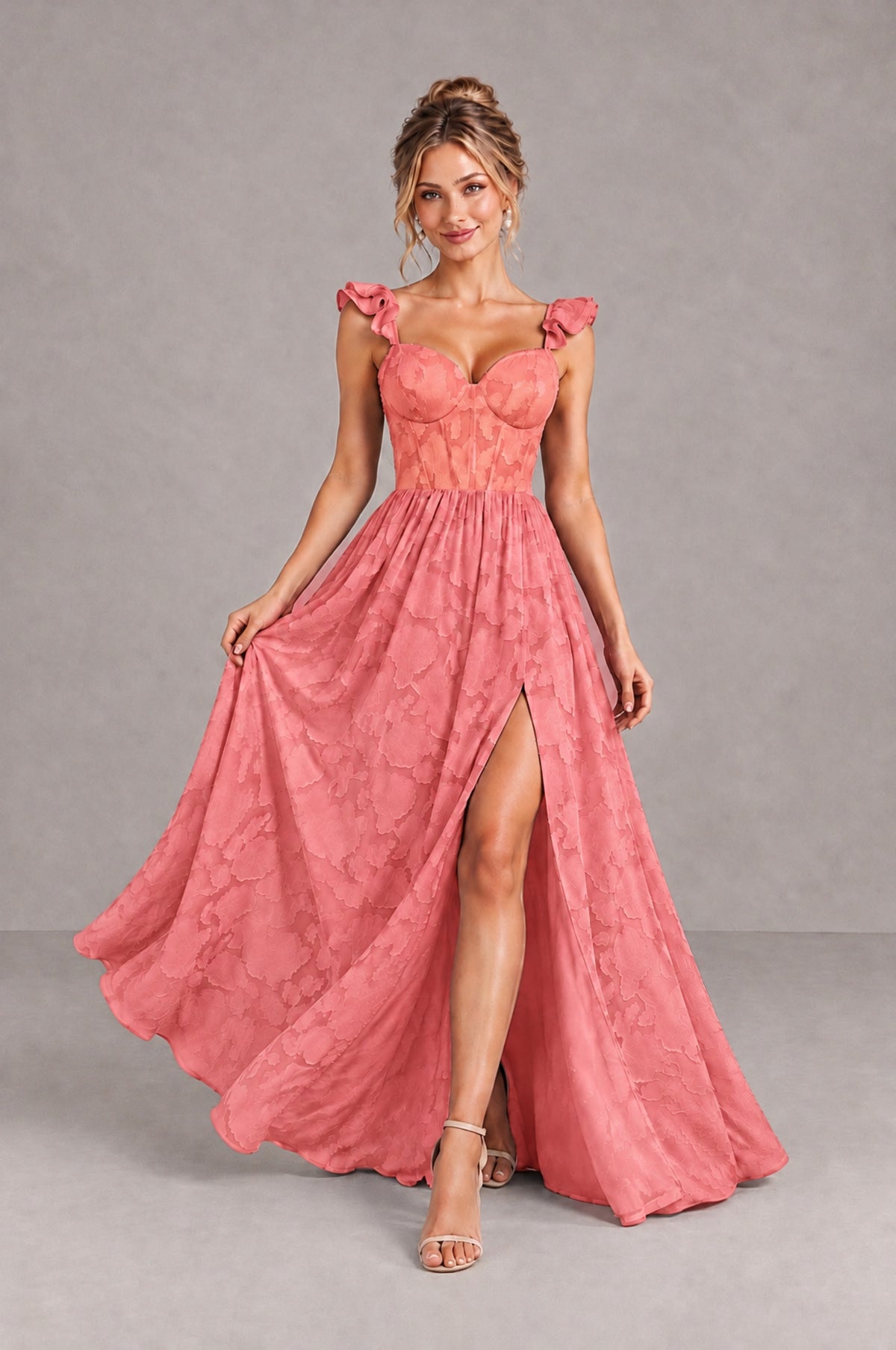 BOLODOO Coral Floral A-Line Bridesmaid Dress with Slit Ruffle Straps Maxi Gown - Coral - Coral_4