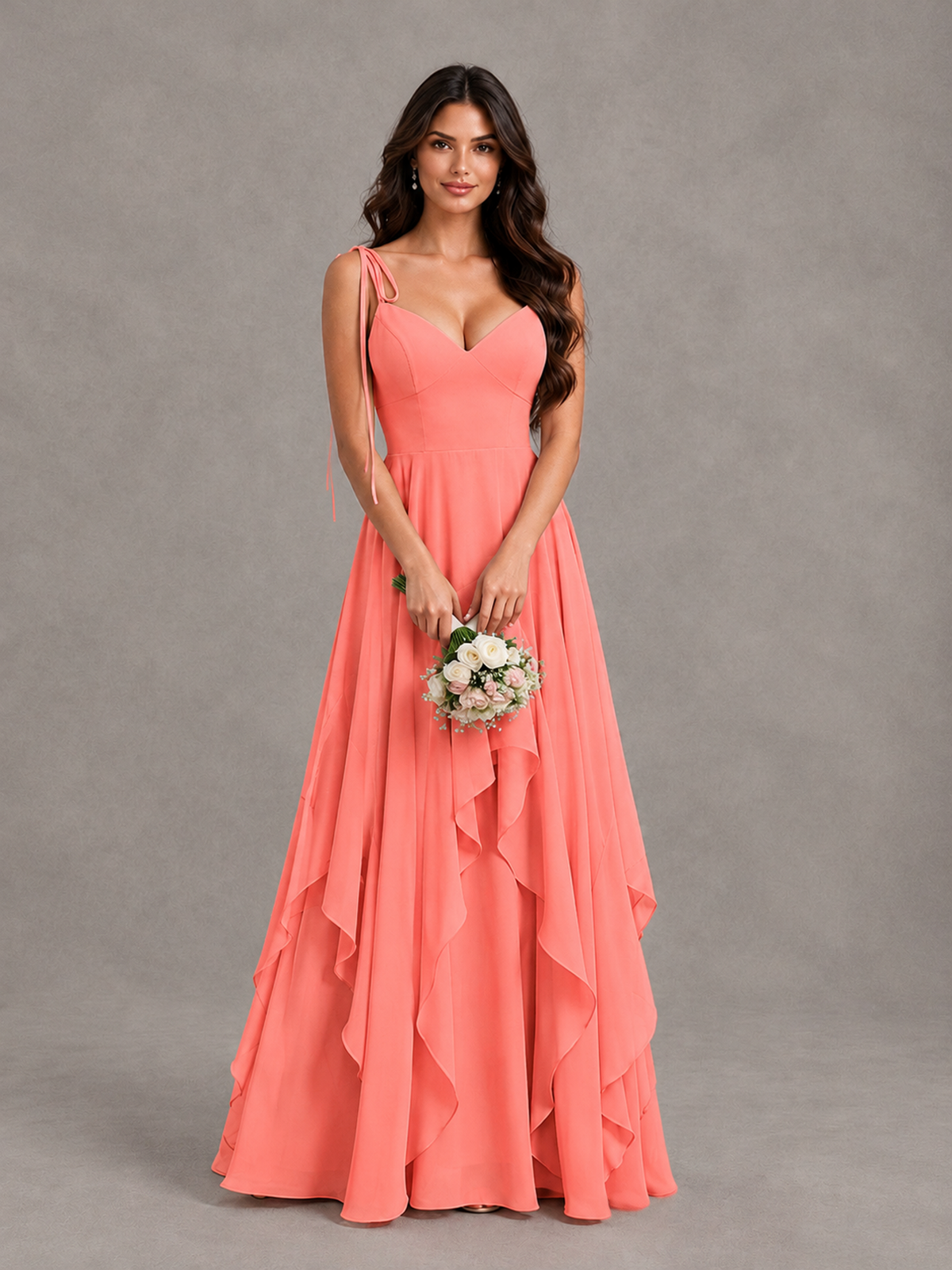 BOLODOO Coral Tie-Strap Ruffle A-Line Bridesmaid Dress - Coral - Coral_4