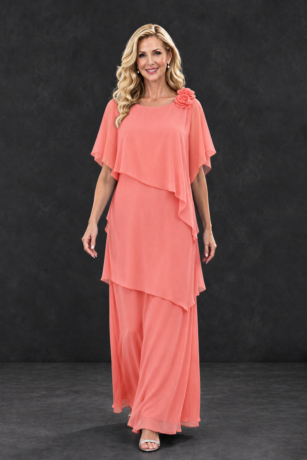BOLODOO Coral Tiered Flutter Sleeve Mother of the Bride Maxi Dress - Coral - Coral_4