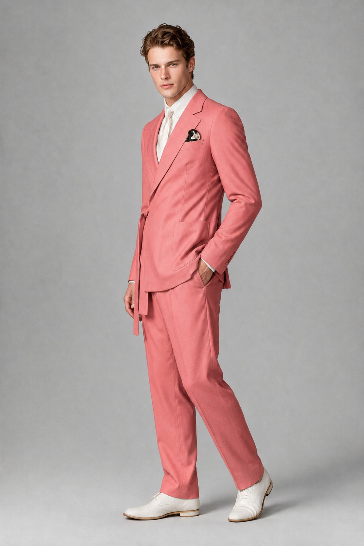 Bolodoo Men's Coral Wrap Tie-Waist Two-Piece Suit – Jacket & Trousers - Coral - Coral_4