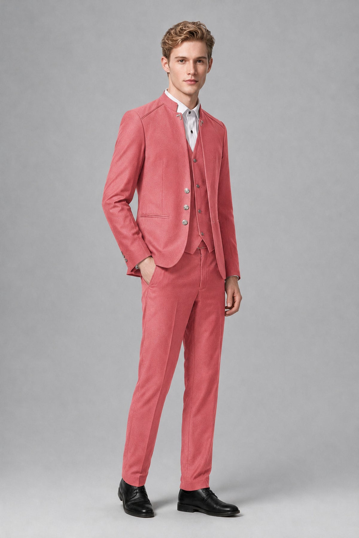 Bolodoo Men's Coral Mandarin Collar 3-Piece Suit – Jacket, Vest & Trousers - Coral - Coral_4