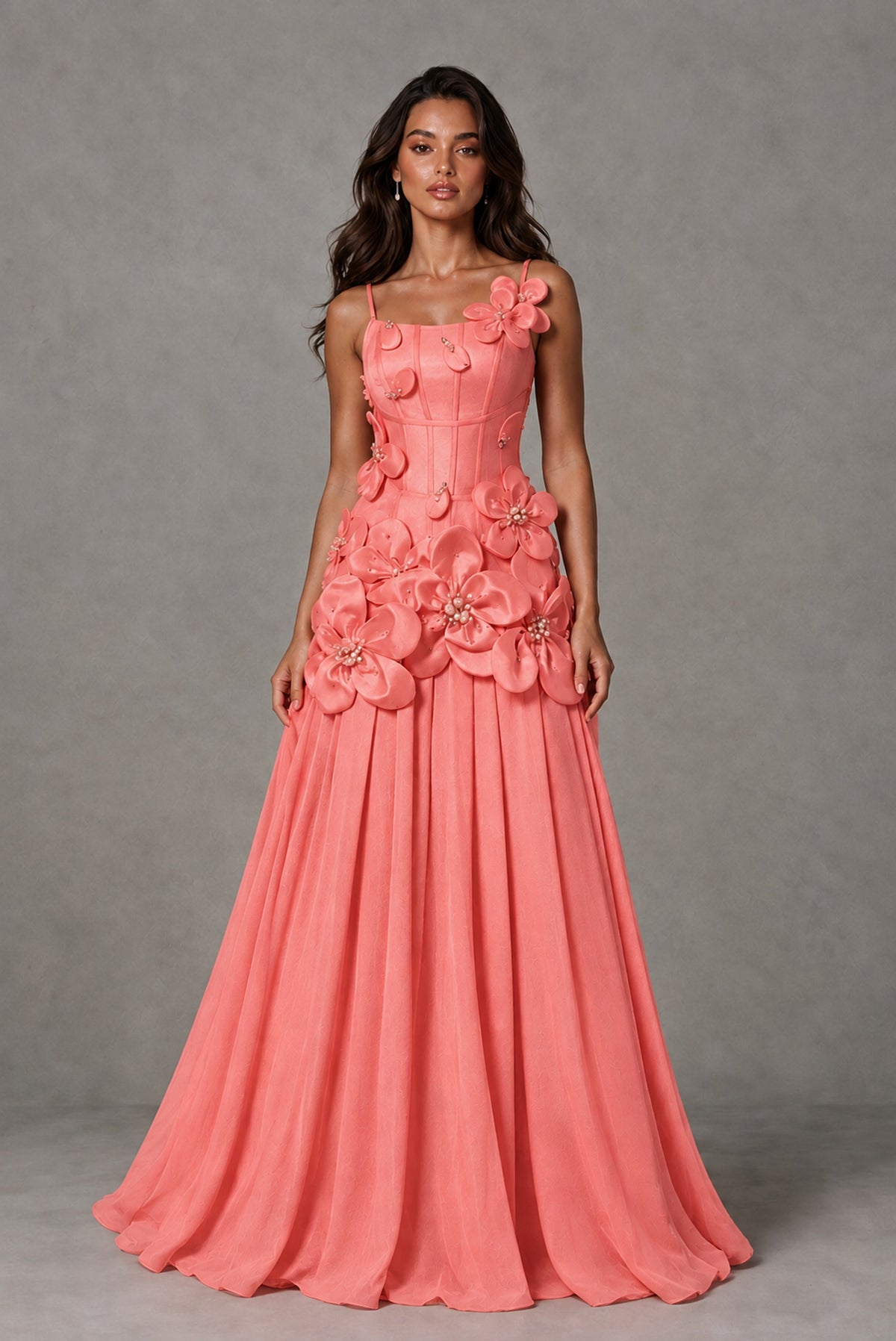 BOLODOO Coral 3D Floral Appliqué Floor-Length A-Line Evening Gown - Coral