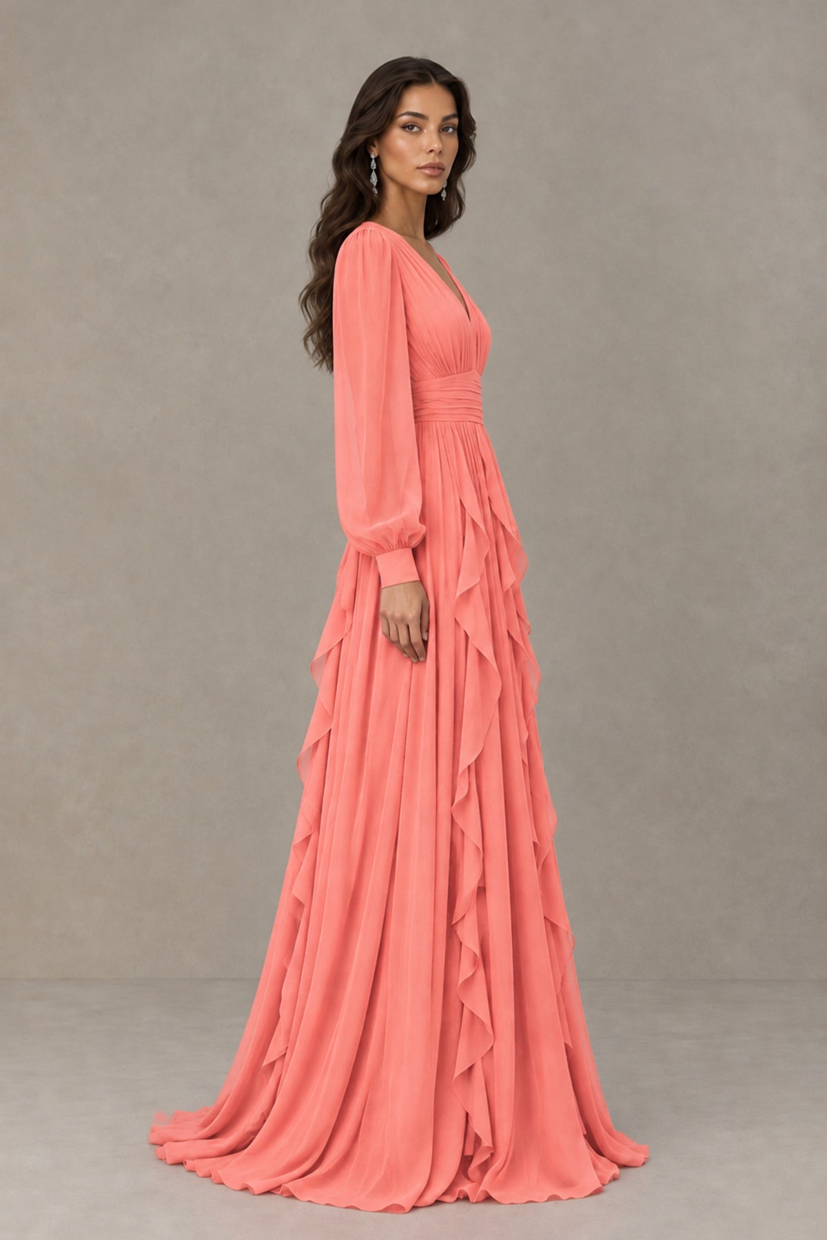BOLODOO Coral Long Sleeve V-Neck Ruffle Maxi Dress - Coral