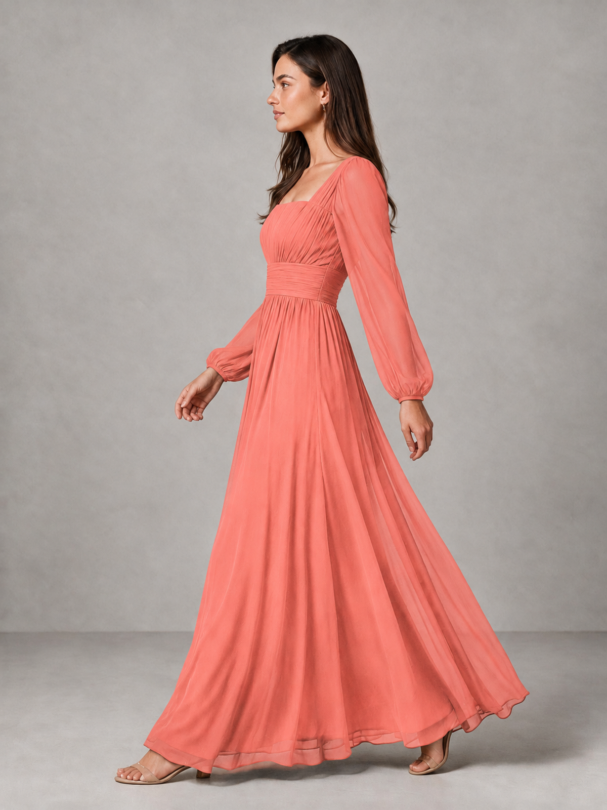 BOLODOO Coral Square Neck Long Sleeve Chiffon Bridesmaid Dress - Coral - Coral_4