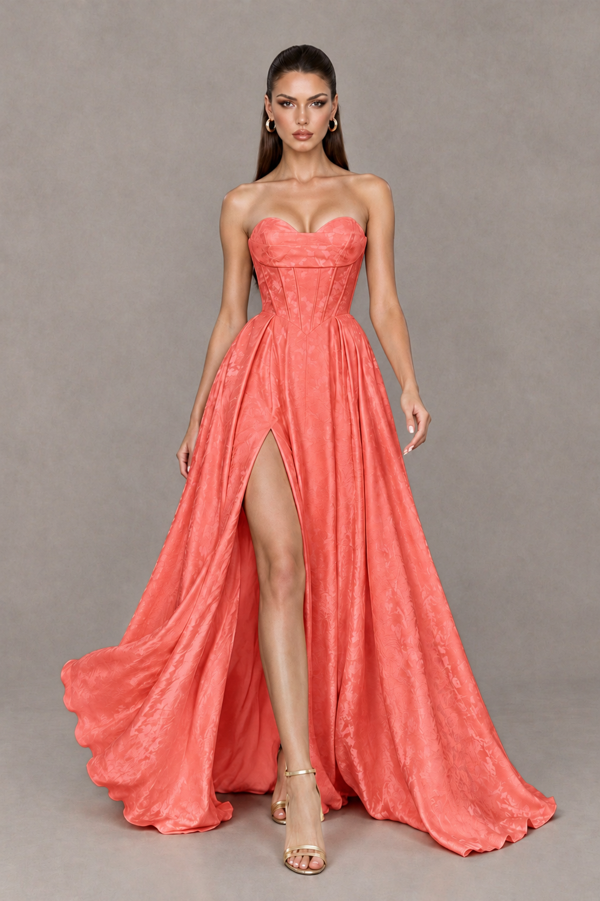 BOLODOO Coral Strapless Sweetheart Corset Prom Dress with High Slit – Lace-Up Back A-Line Evening Gown - Coral - Coral_4