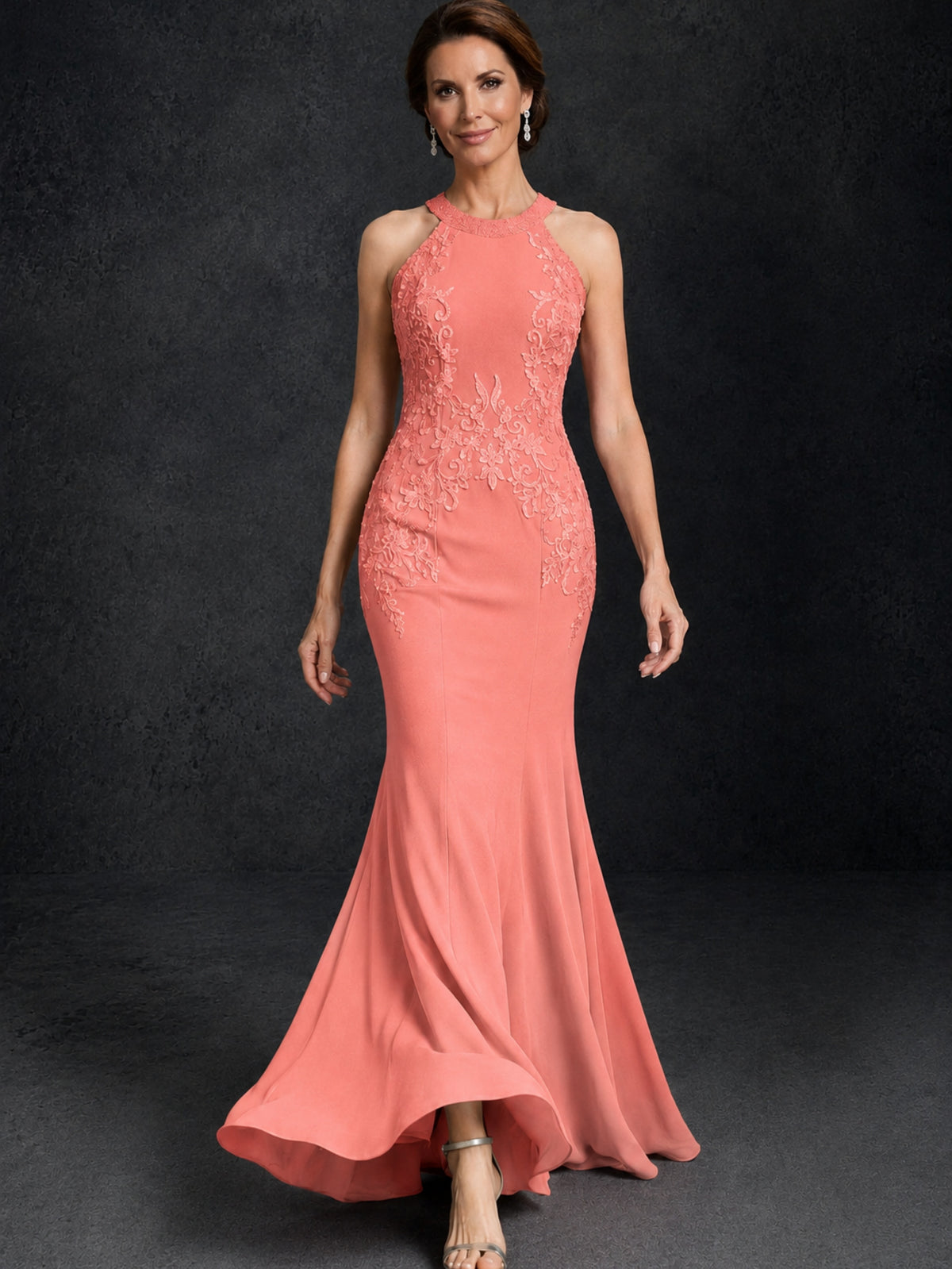 BOLODOO Coral Lace Applique Halter Neck Sheer Back Mermaid Maxi Dress with Sweep Train - Coral
