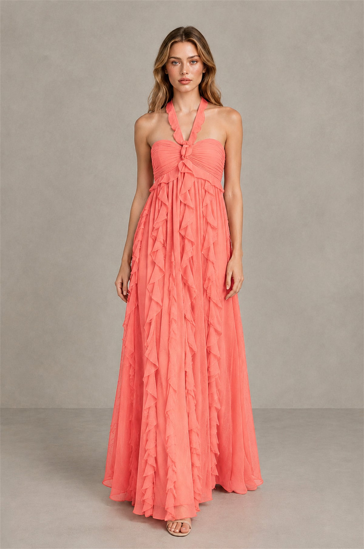BOLODOO Coral Halter Ruffle A-Line Floor-Length Evening Dress - Coral - Coral_4