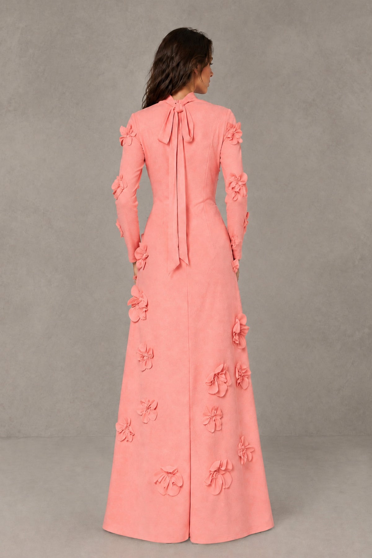 BOLODOO Coral High Neck Long Sleeve 3D Floral Evening Gown - Coral