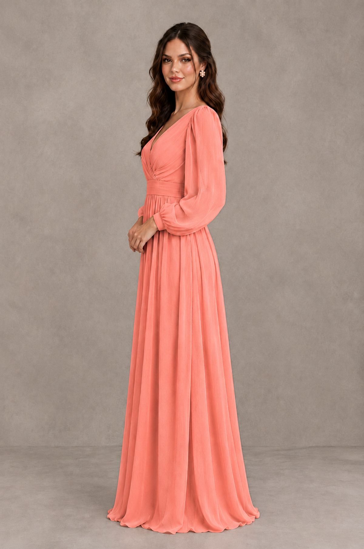 BOLODOO Coral Long Sleeve V-Neck A-Line Bridesmaid Dress - Coral - Coral_4