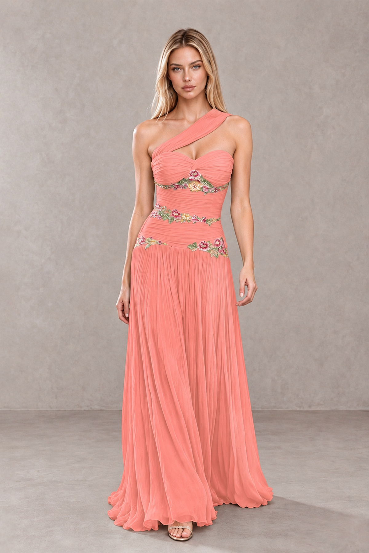 BOLODOO Coral One-Shoulder Floral Applique A-Line Evening Dress - Coral - Coral_4