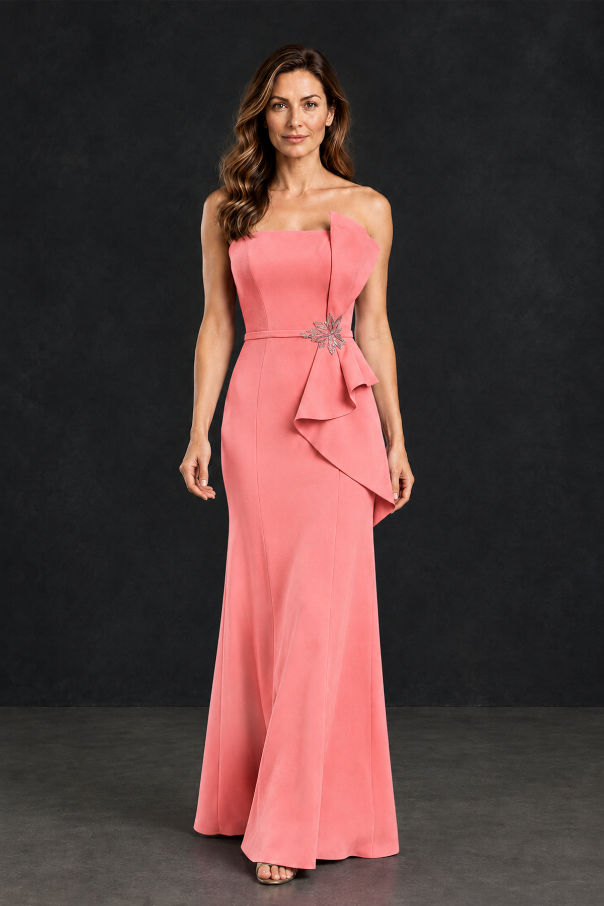 BOLODOO Coral Strapless Mother of the Bride Dress with Ruffle Detail - Coral - Coral_4