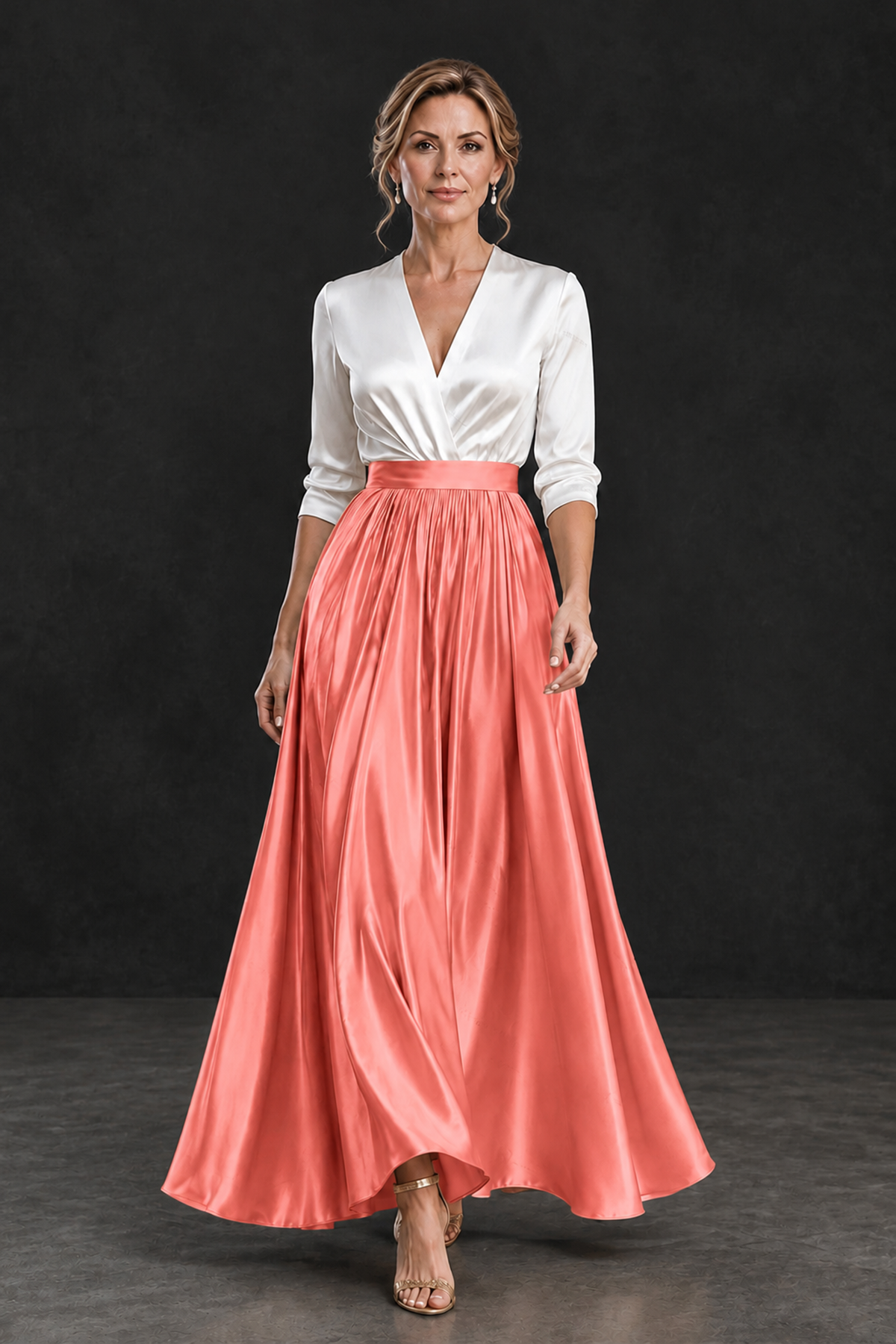 BOLODOO Coral and White V-Neck A-Line Mother of the Bride Dress - Coral - Coral_4