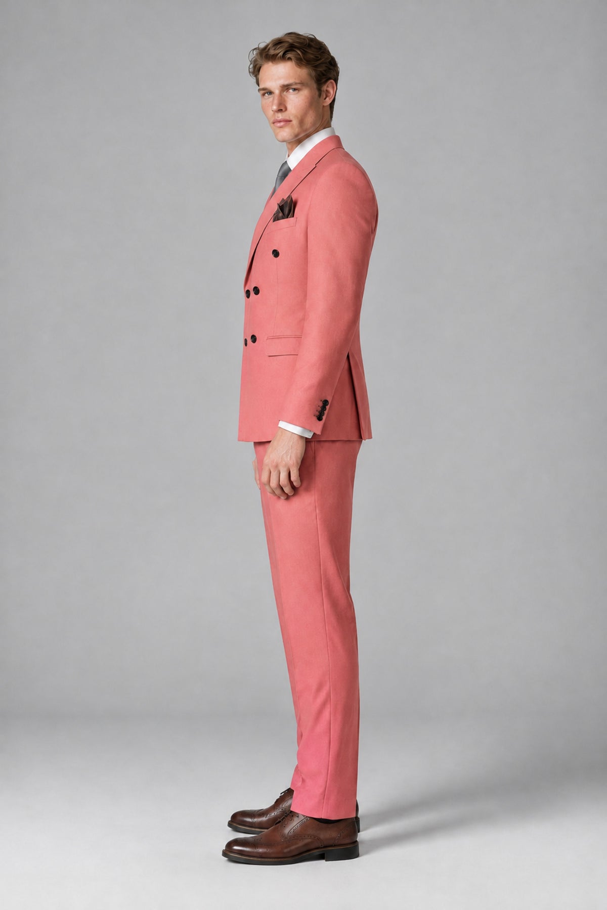 Bolodoo Men's Coral Double-Breasted Two-Piece Suit with Peak Lapels - Coral - Coral_4