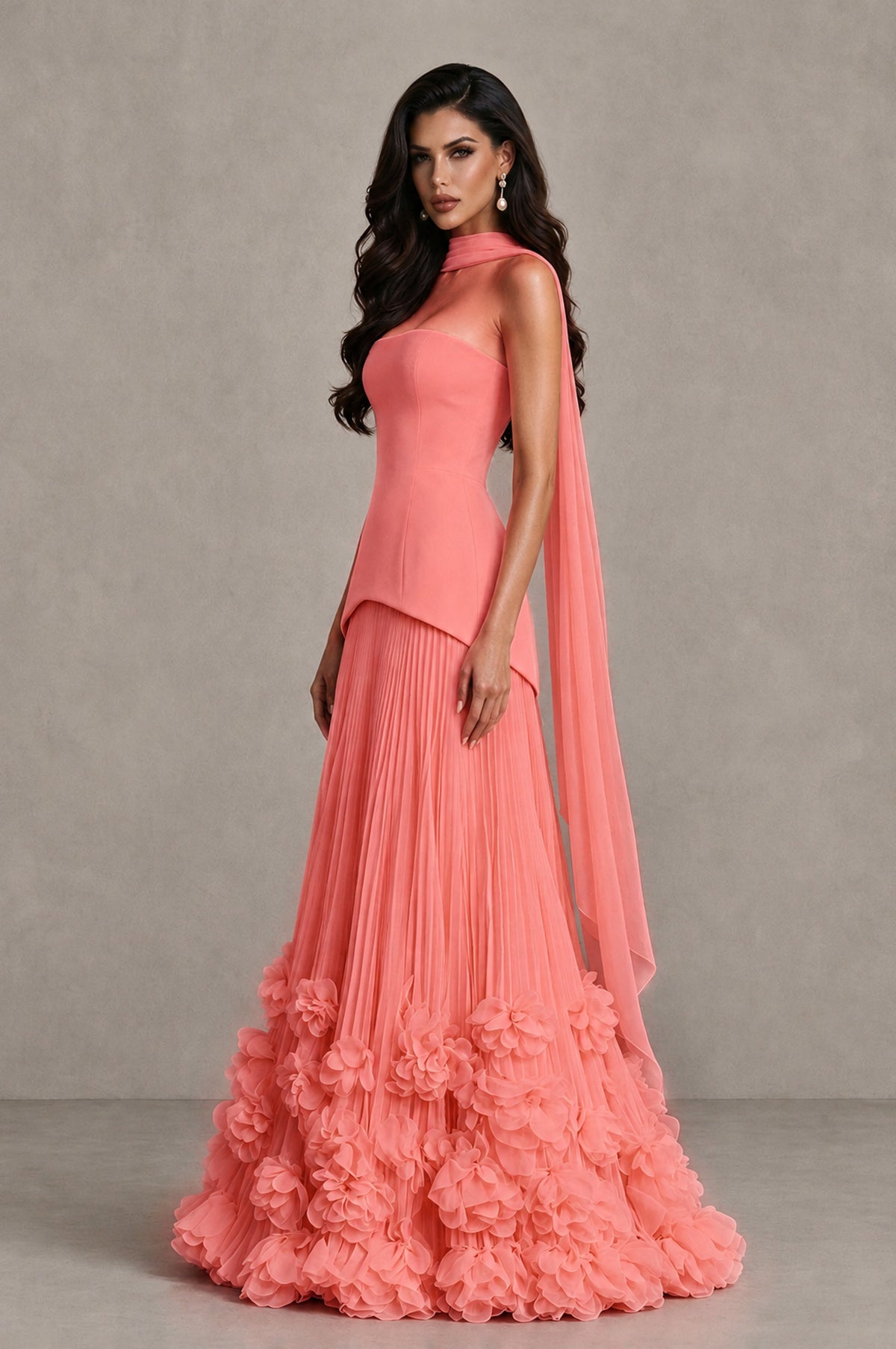 BOLODOO Coral Strapless Pleated Floral Hem Evening Gown - Coral - Coral_4