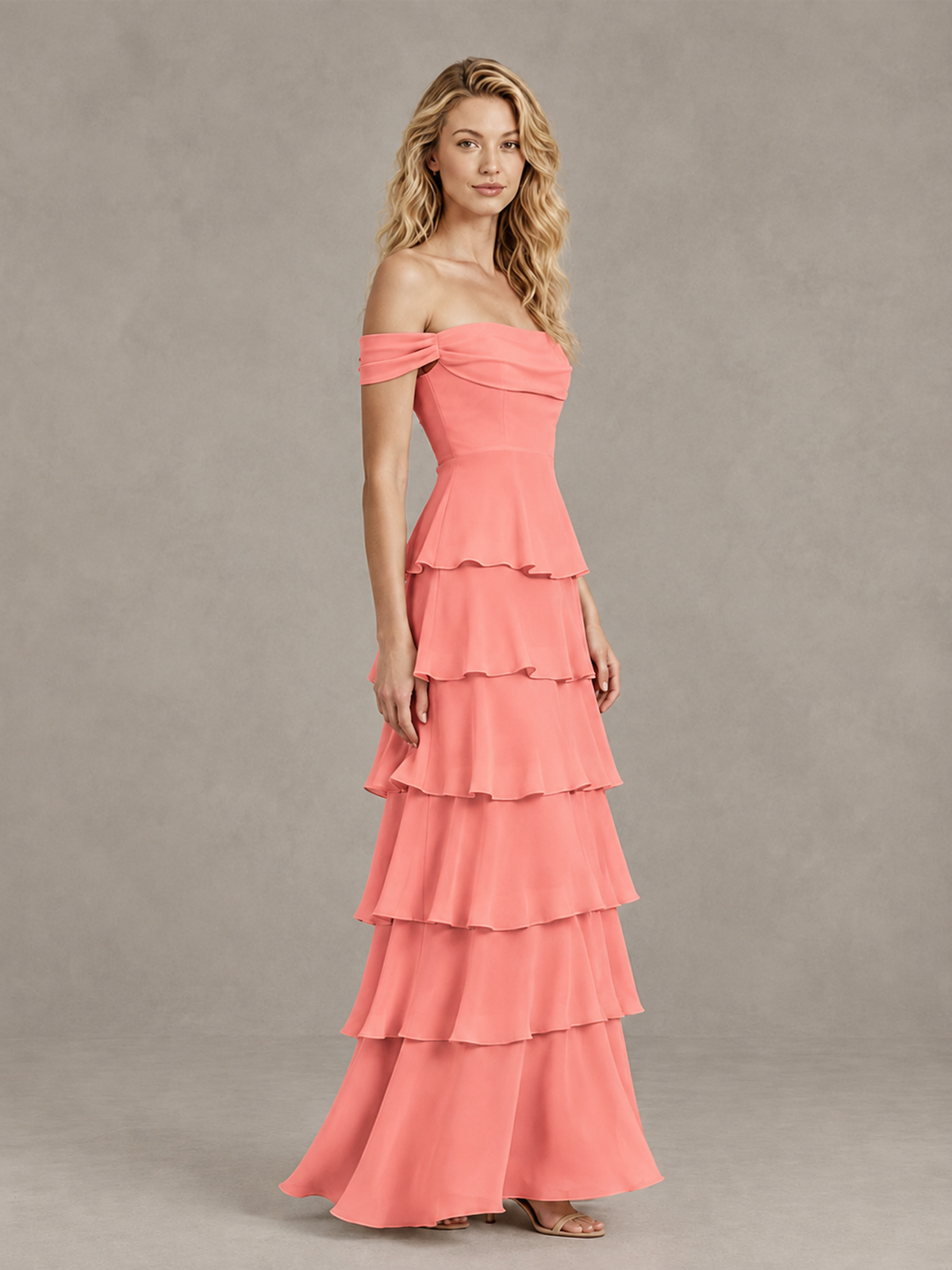 BOLODOO Coral Off-Shoulder Tiered Ruffle Bridesmaid Dress with Lace-Up Back - Coral - Coral_4