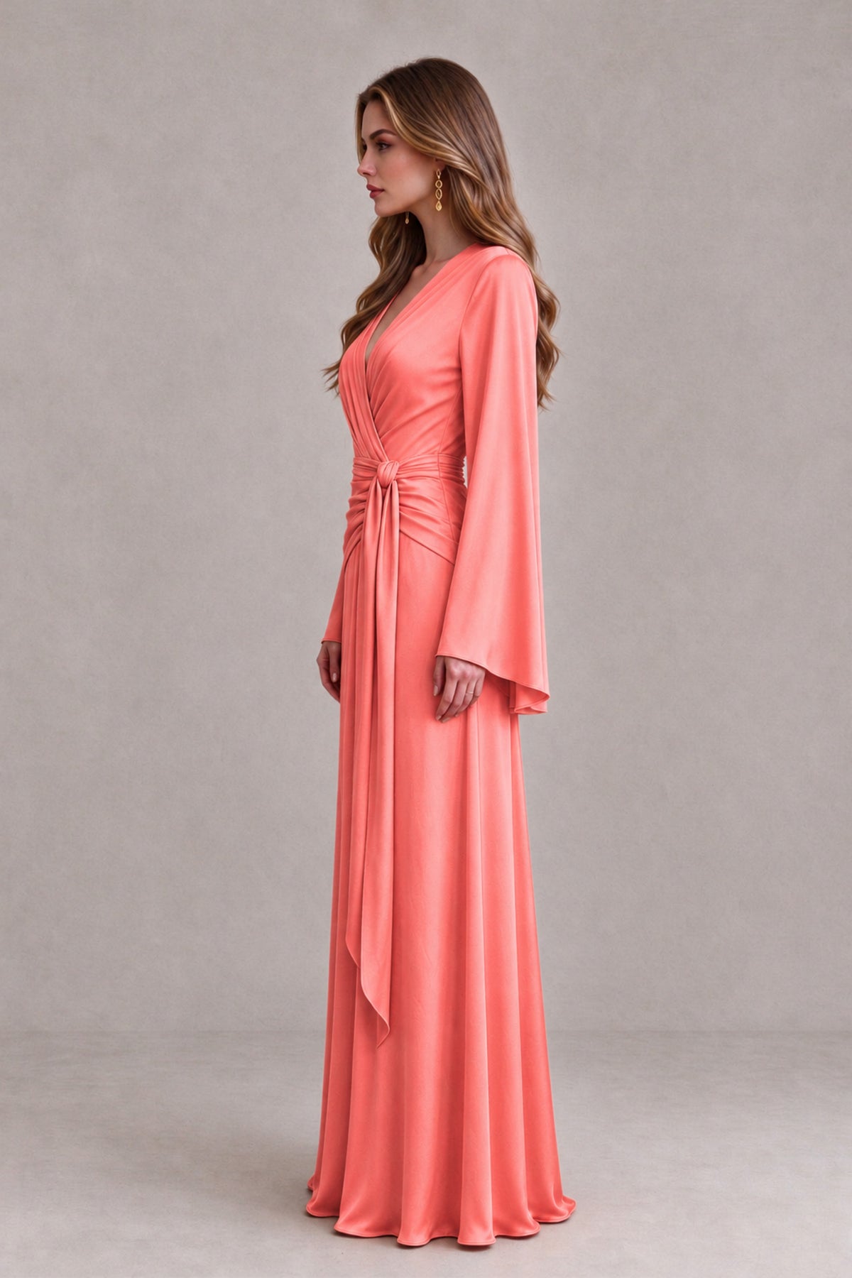 BOLODOO Coral Yellow Satin-Look V-Neck Long Bell Sleeve Evening Dress - Coral - Coral_4