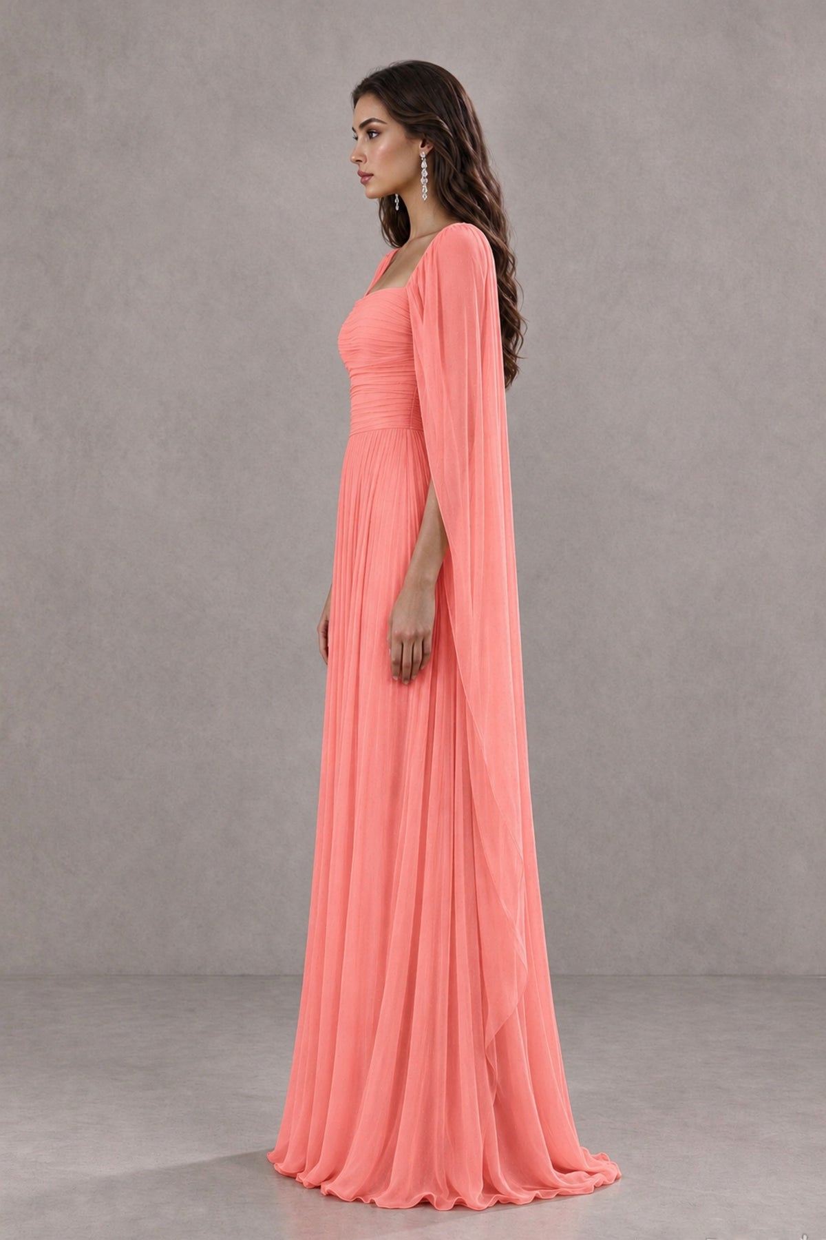 BOLODOO Coral Square Neck Cape Sleeve A-Line Evening Dress - Coral - Coral_4