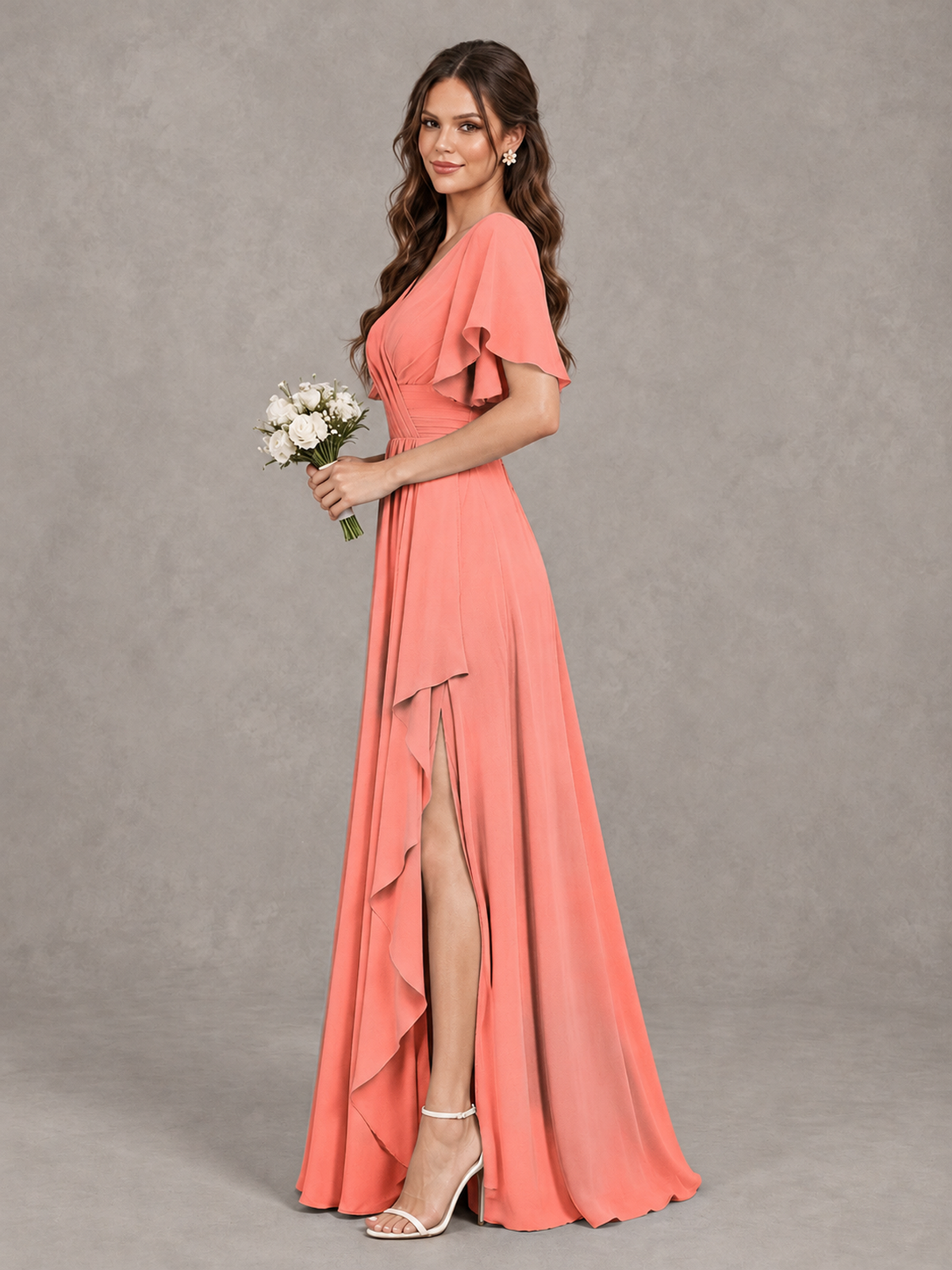 BOLODOO Coral Flutter Sleeve V-Neck Bridesmaid Dress with Ruffle Slit - Coral - Coral_4