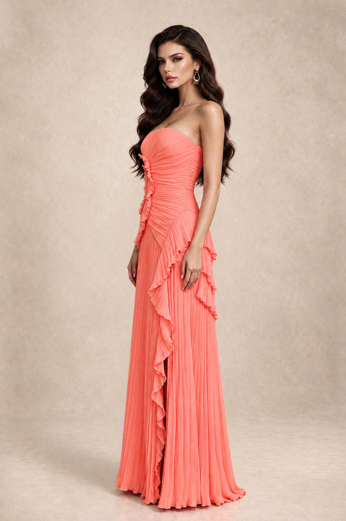 BOLODOO Coral Strapless Ruffle Pleated Slit Evening Gown - Coral - Coral_4