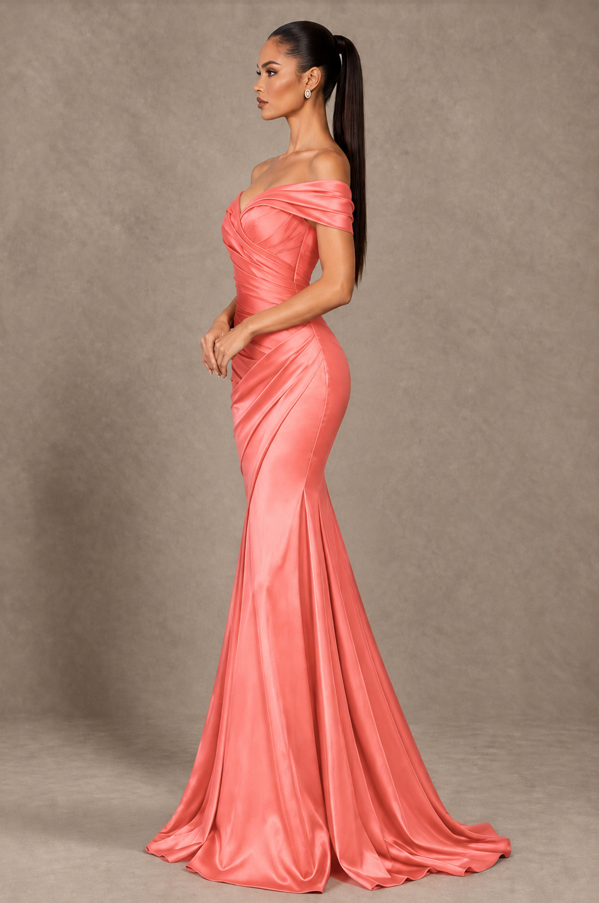 BOLODOO Coral Off-the-Shoulder Ruched Satin Mermaid Evening Dress - Coral - Coral_4