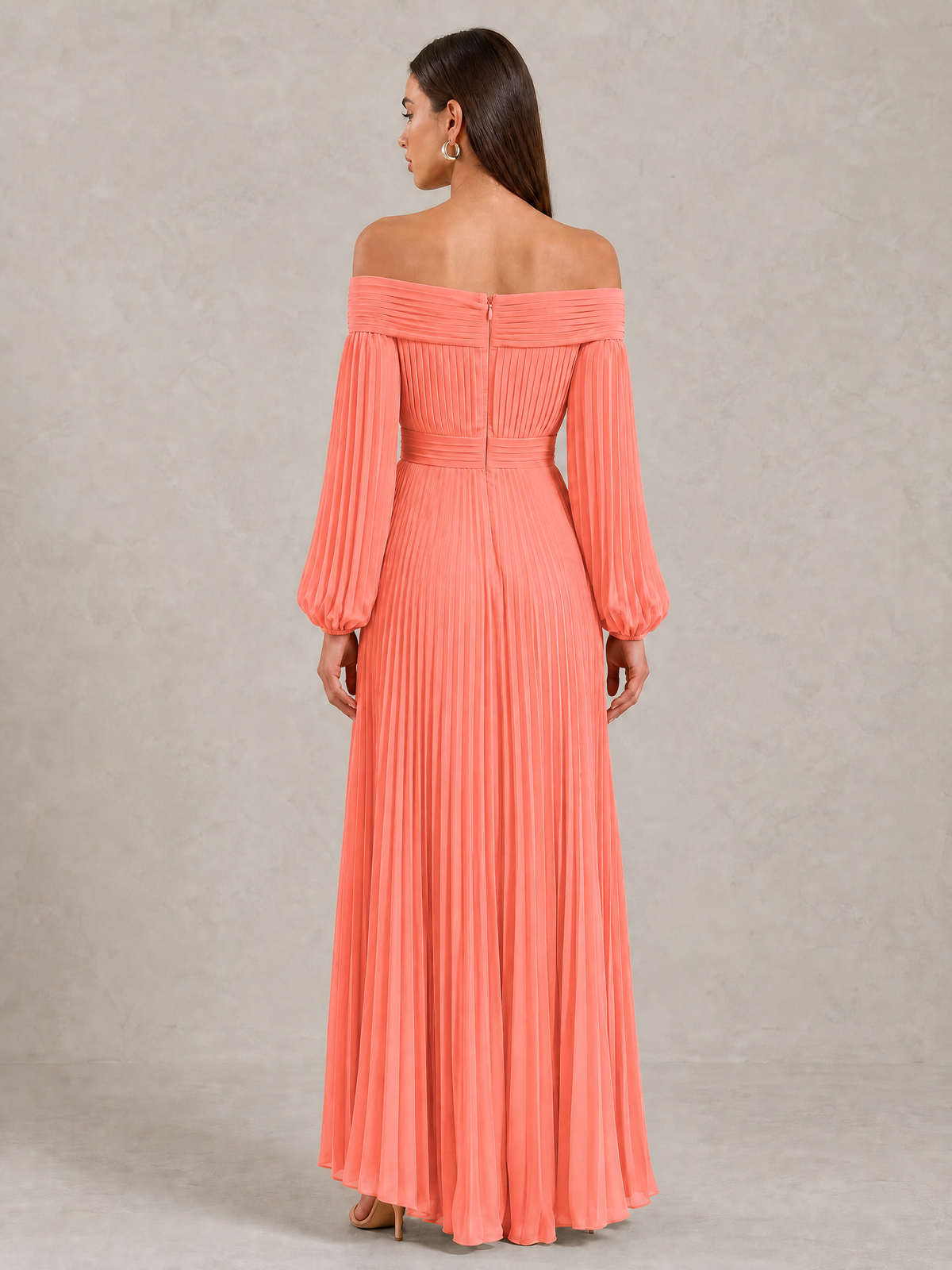 BOLODOO Coral Off-Shoulder Long Sleeve Pleated High-Low Dress - Coral - Coral_4
