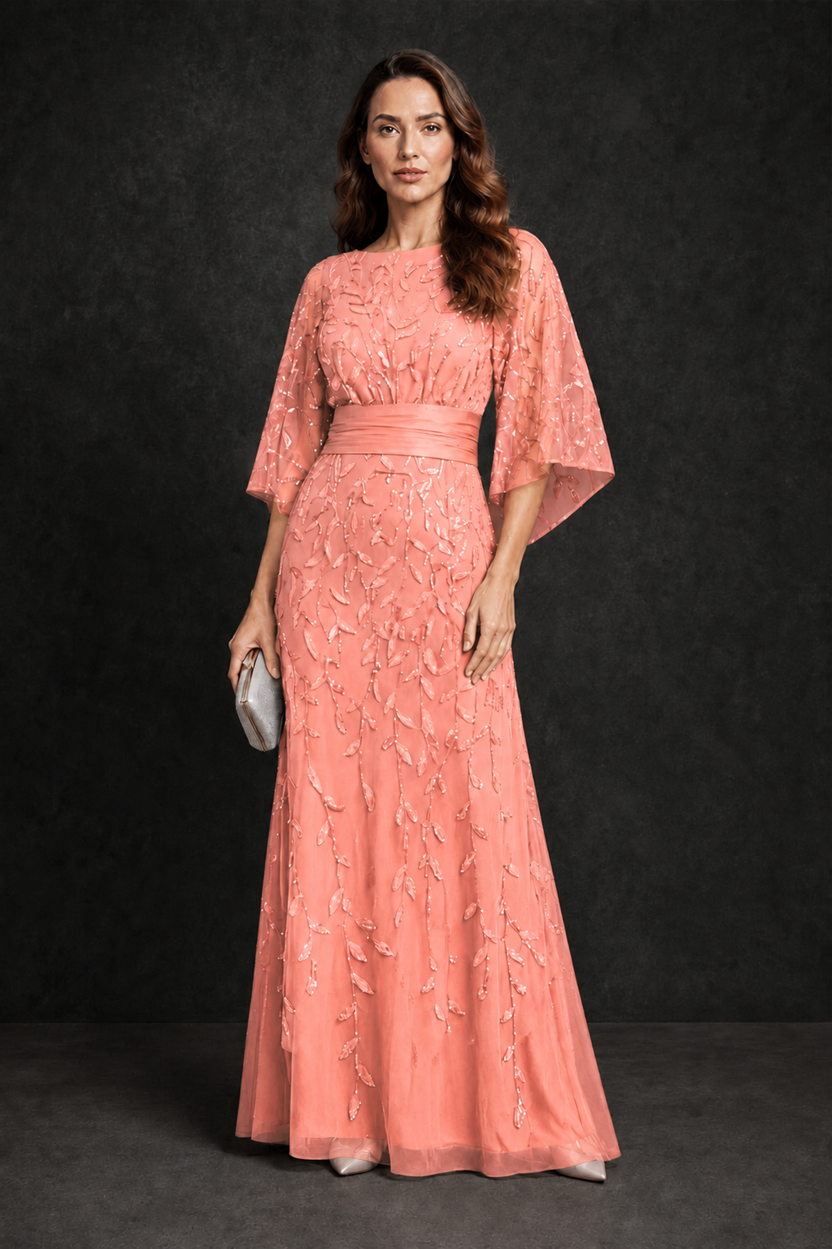 BOLODOO Coral Bateau Neck Bell Sleeve Sequin Embroidered Satin Waist A-Line Maxi Dress - Coral - Coral_4