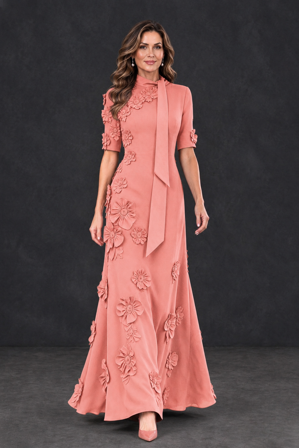 BOLODOO Coral Floral Applique High-Neck Half-Sleeve Gown - Coral - Coral_4