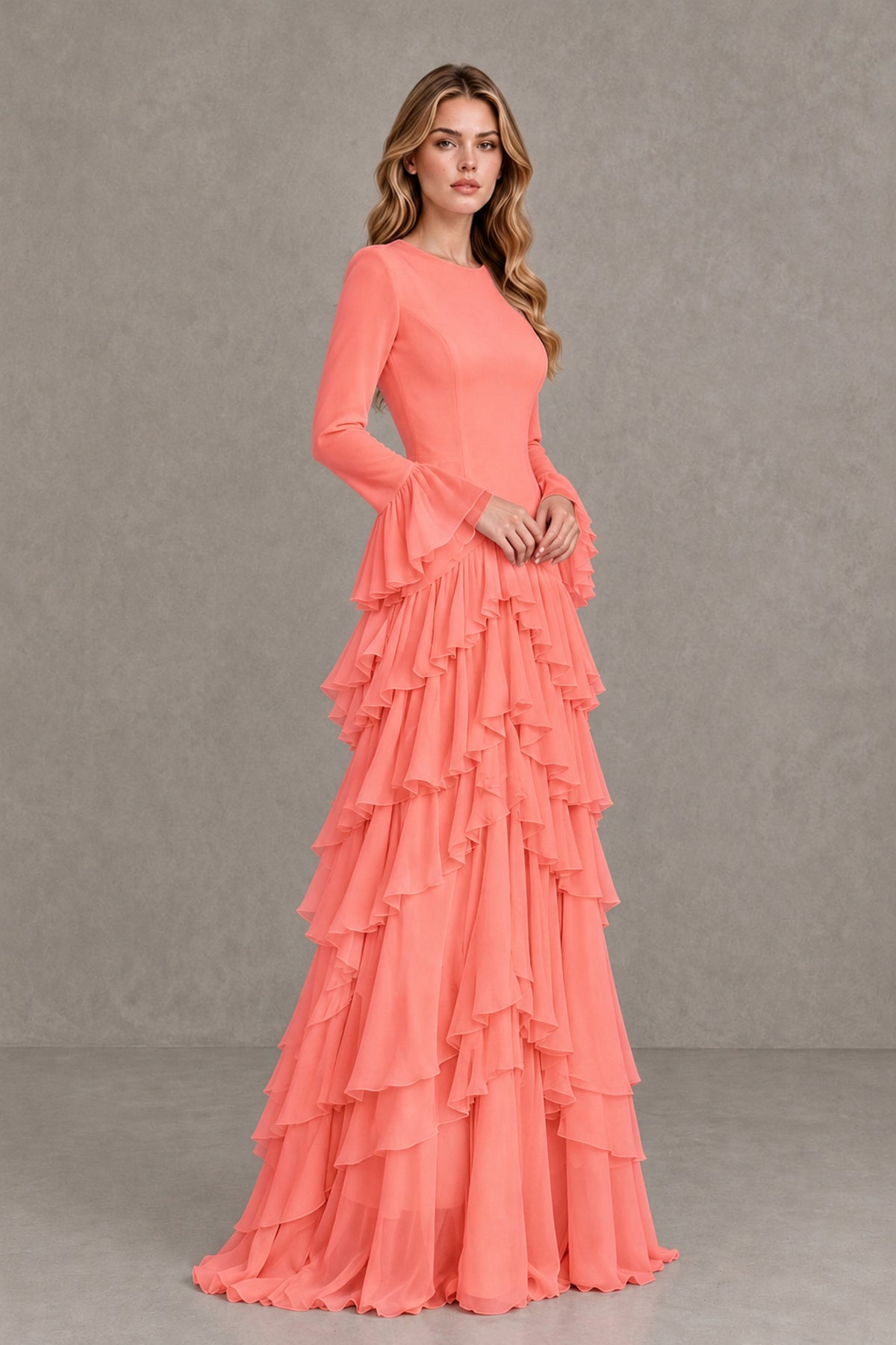 Coral Long Sleeve Tiered Ruffle Evening Gown - Coral - Coral_4