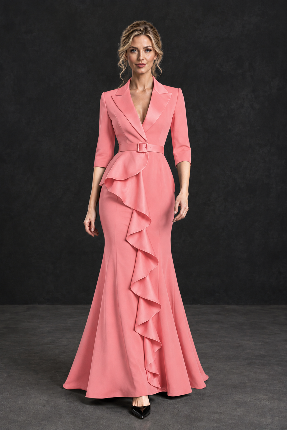 BOLODOO Coral Lapel Ruffle Mother of the Bride Dress with Belt - Coral - Coral_4