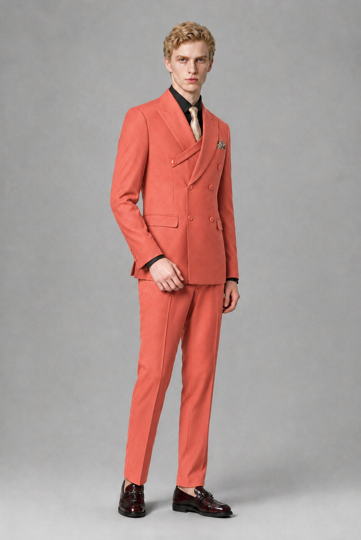 BOLODOO Men's Coral Double-Breasted Two-Piece Suit – Jacket & Trousers - Coral