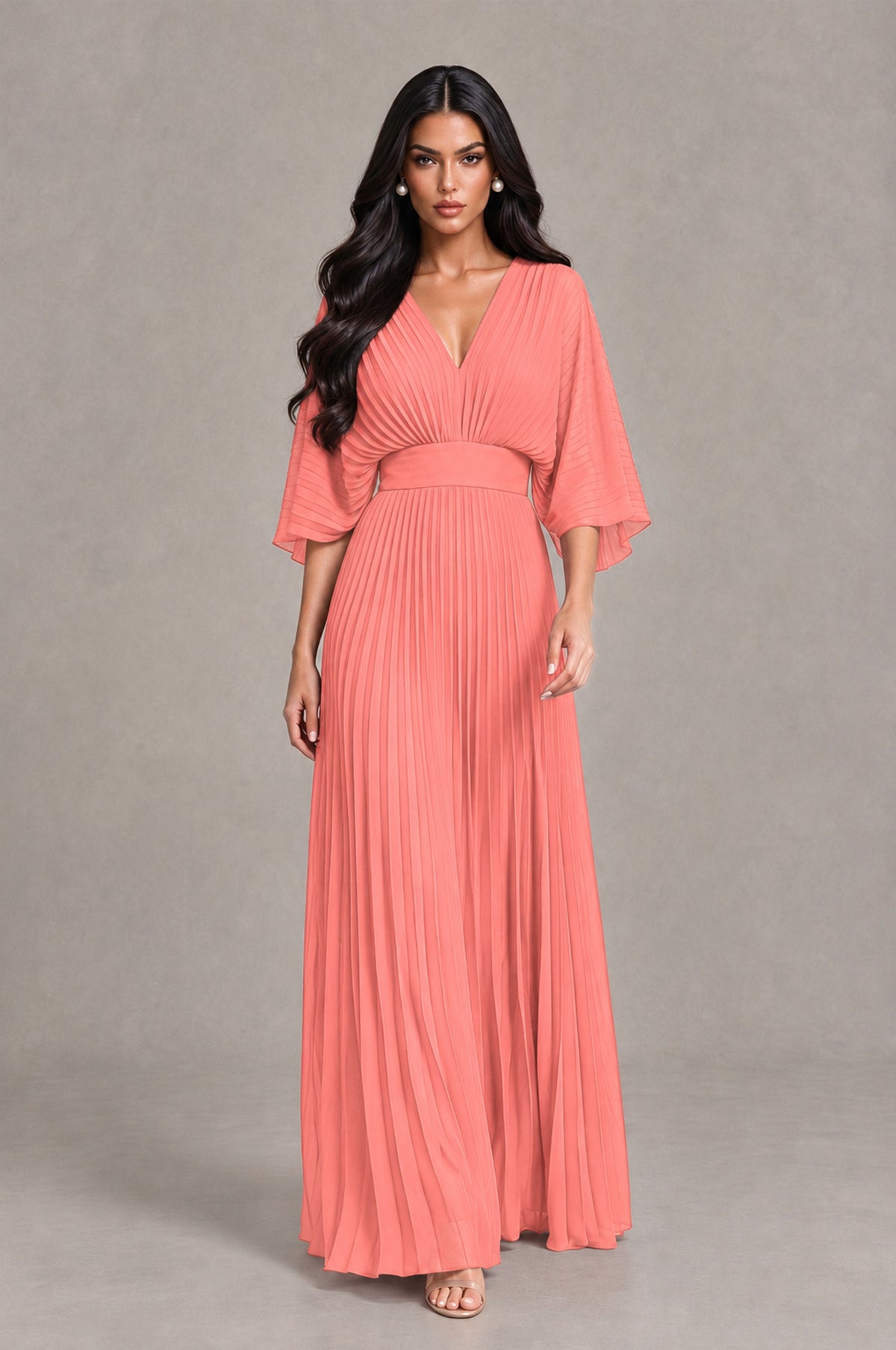 BOLODOO Coral V-Neck Pleated Flutter Sleeve Formal Dress - Coral - Coral_4