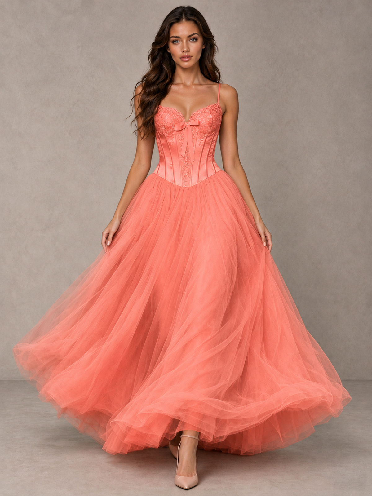 BOLODOO Coral Corset Tulle Prom Dress with Spaghetti Straps - Coral - Coral_4