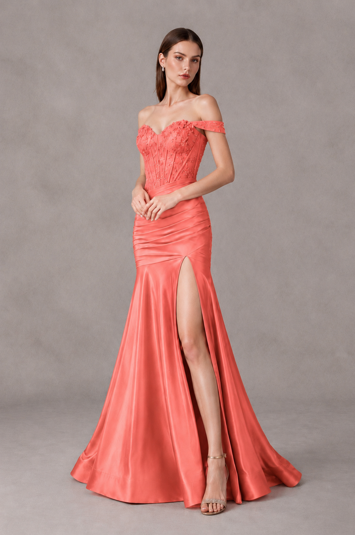 BOLODOO Coral Off-Shoulder Corset Mermaid Prom Dress with Slit Sequin Lace Evening Gown - Coral - Coral_4