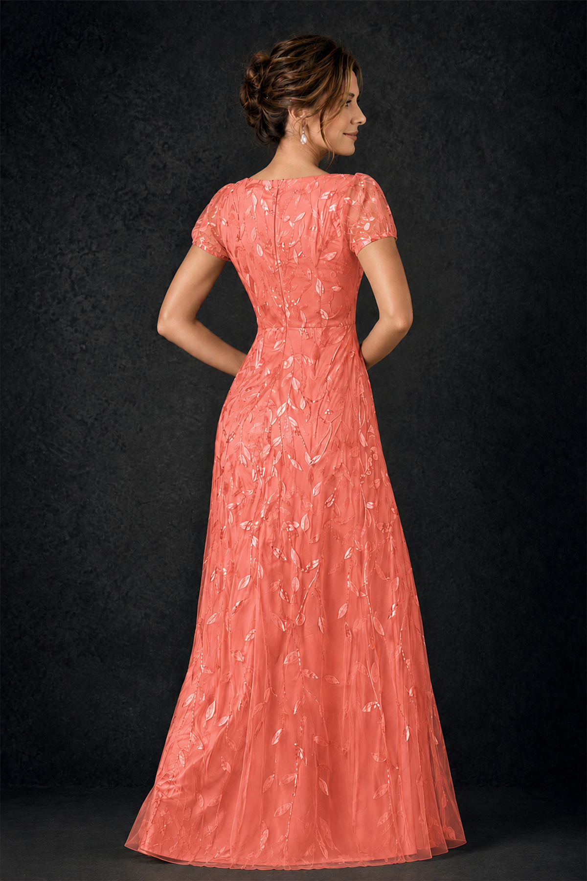 BOLODOO Coral Leaf Embroidered A-Line Formal Gown with Cap Sleeves - Coral - Coral_4