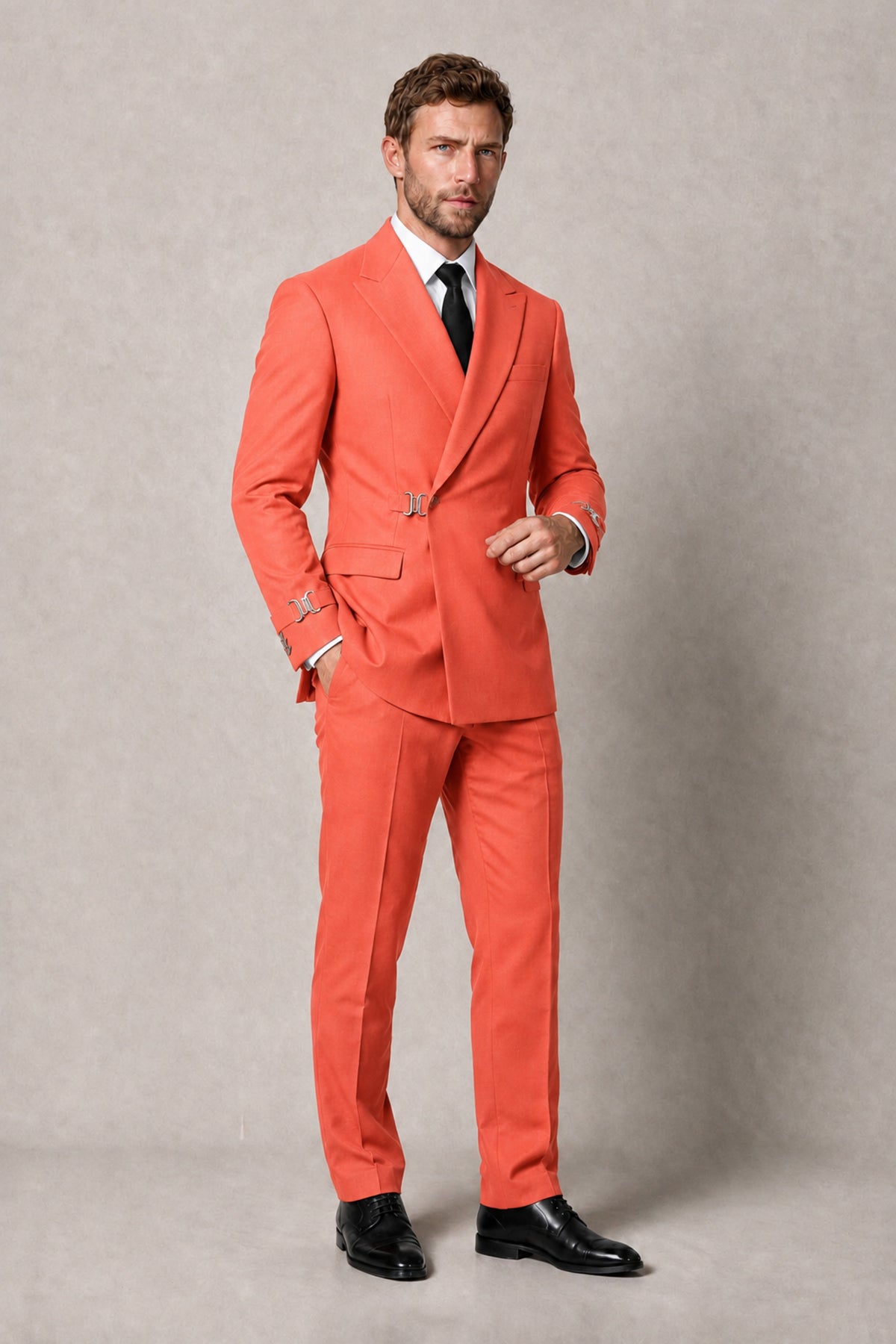 BOLODOO Men's Coral Double-Breasted 2-Piece Suit Set – Blazer & Tailored Trousers - Coral