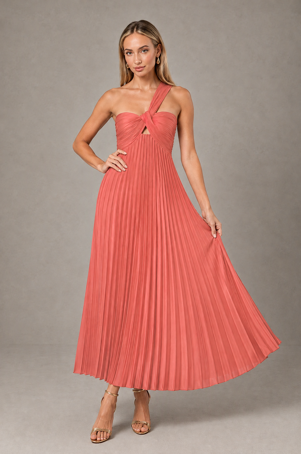 BOLODOO Coral One-Shoulder Twist Knot Pleated Satin Midi Dress with Cutout - Coral - Coral_4