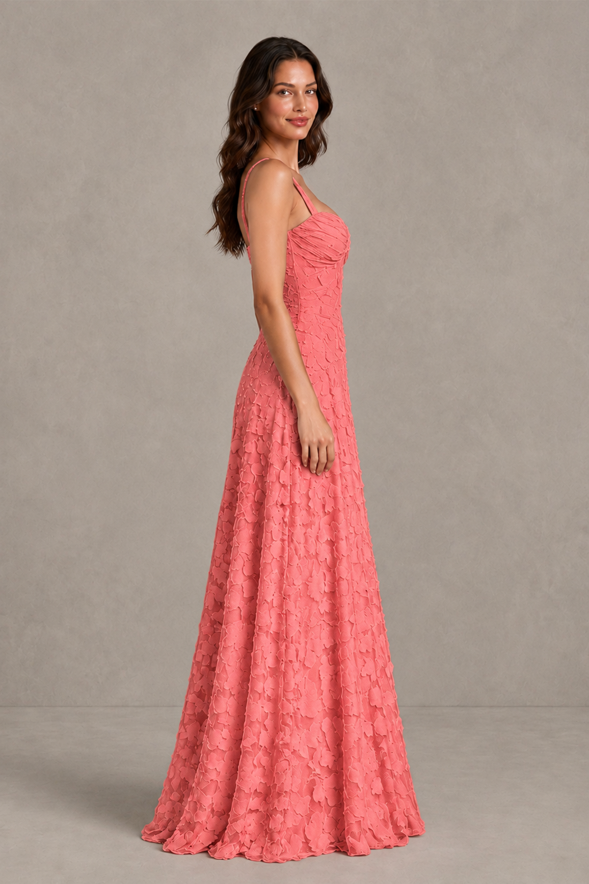 BOLODOO Coral Floral-Textured A-Line Dress with Lace-Up Back - Coral - Coral_4
