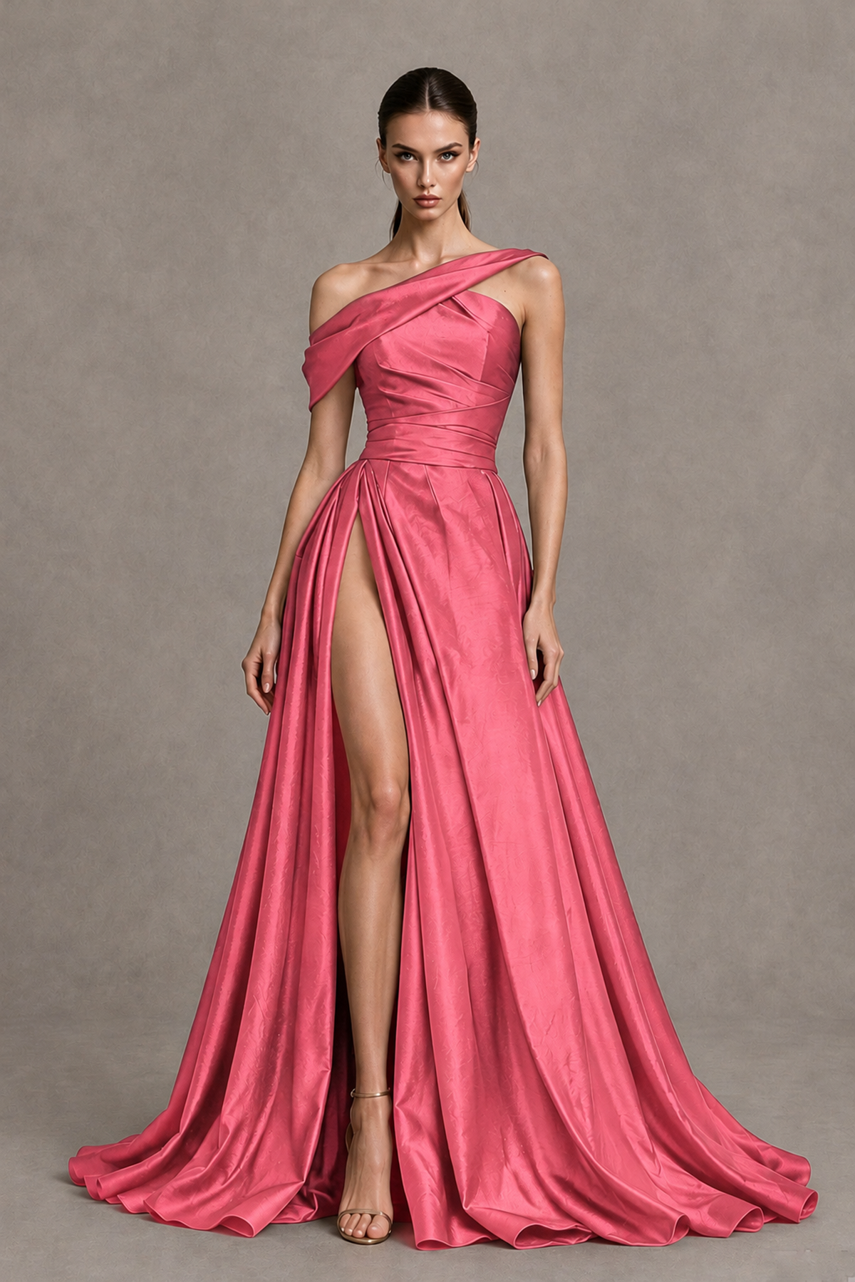 BOLODOO Coral Asymmetric Satin-Look A-Line Prom Dress with High Slit - Coral - Coral_4