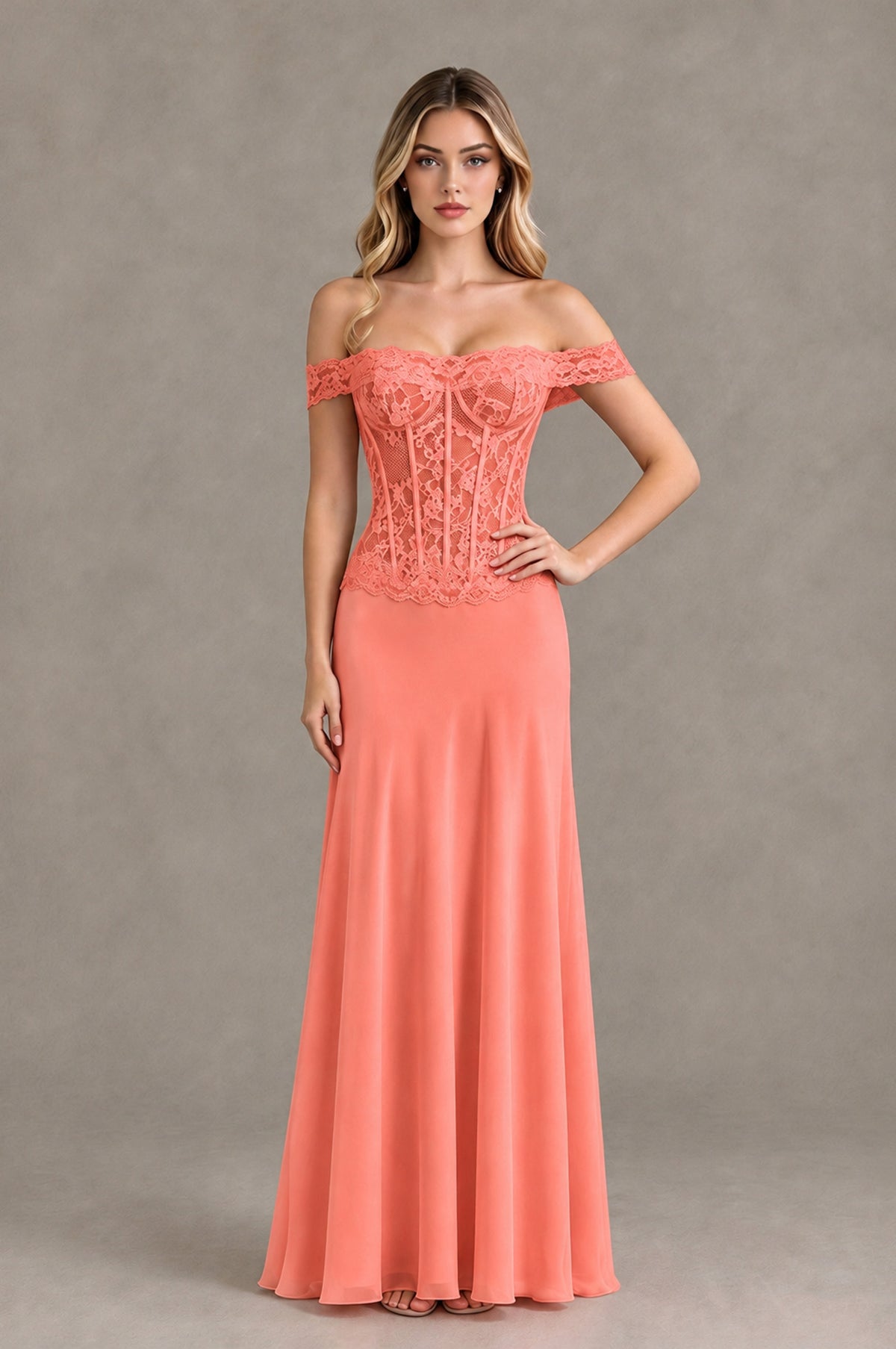 BOLODOO Coral Off Shoulder Lace Corset Wedding Guest Dress - Coral - Coral_4