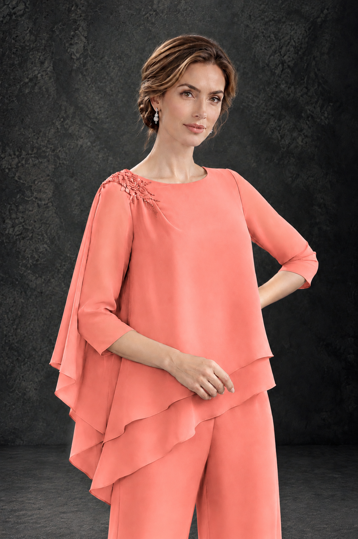 BOLODOO Coral Layered Wide-Leg Mother of the Bride Pant Suit - Coral - Coral_4