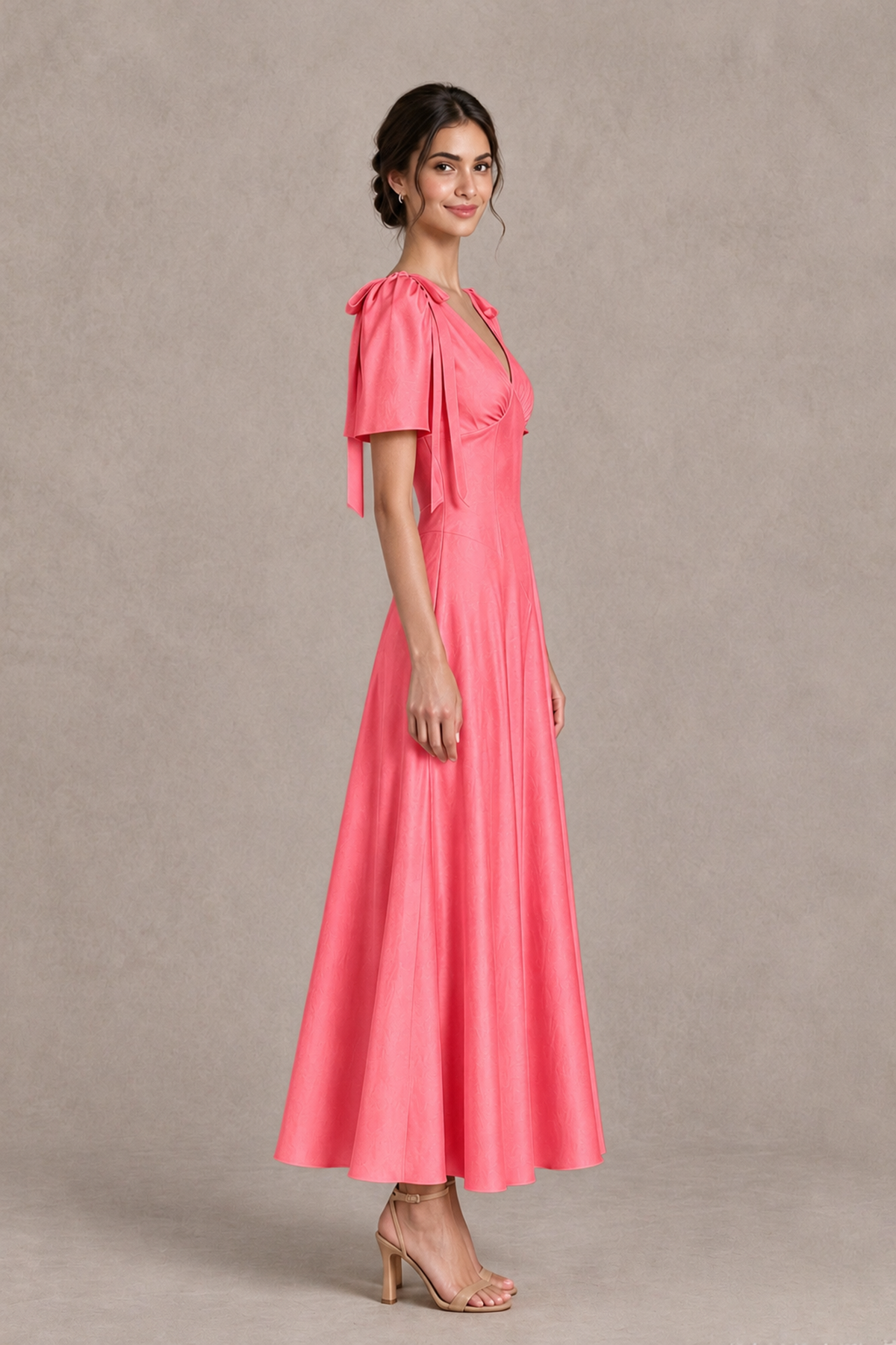 BOLODOO Coral V-Neck Short Sleeve Satin-Look Bridesmaid Dress with Shoulder Bows - Coral - Coral_4
